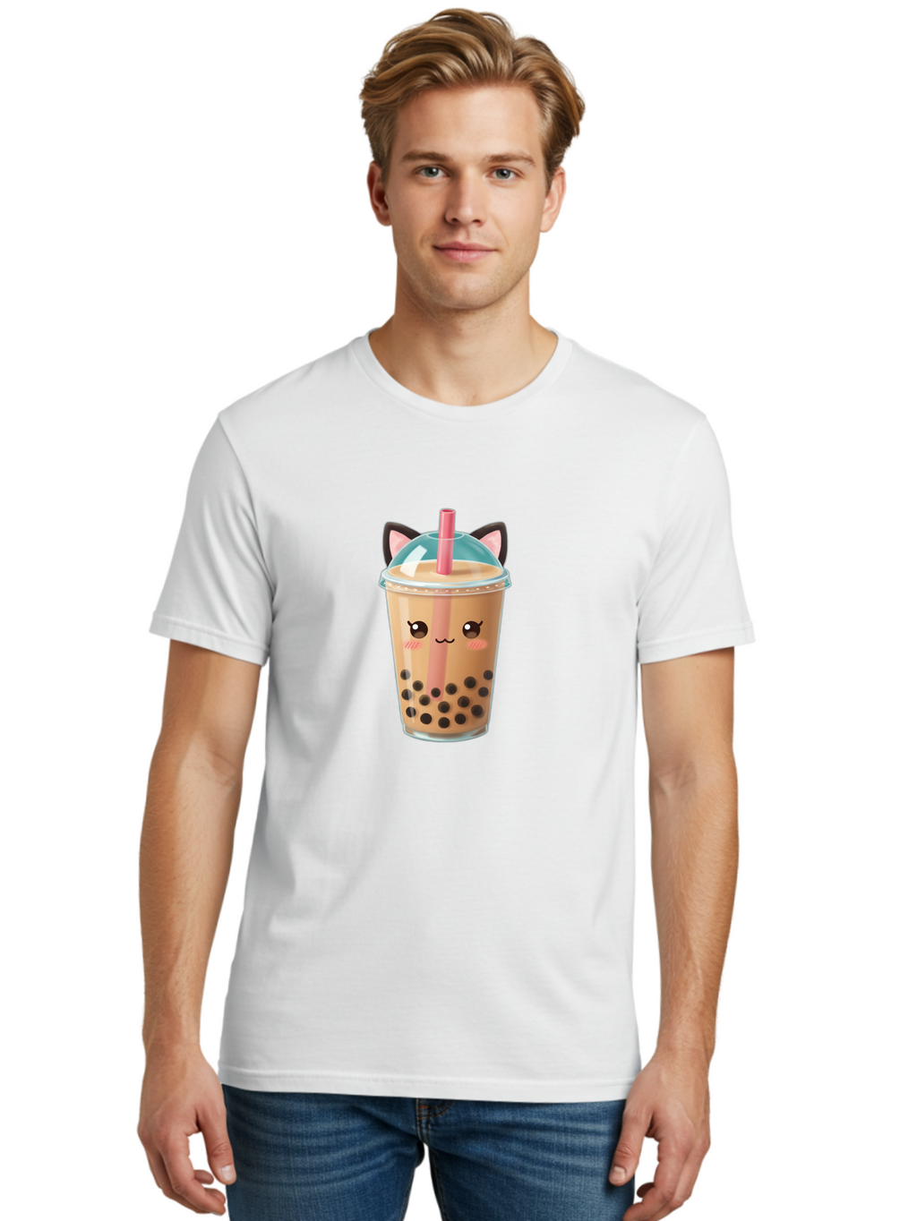 Cat-Bubble-Tea-2 Men'S Graphic Tee, 100% Cotton, Comfortable Casual Summer Wear, Machine Washable, Cute Cat Bubble Tea, Boba Tea With Cat Face, Cartoon Bubble Tea, Kawaii Drink, Adorable Beverage, Cat Ears, Bubble Tea Cup Bac796