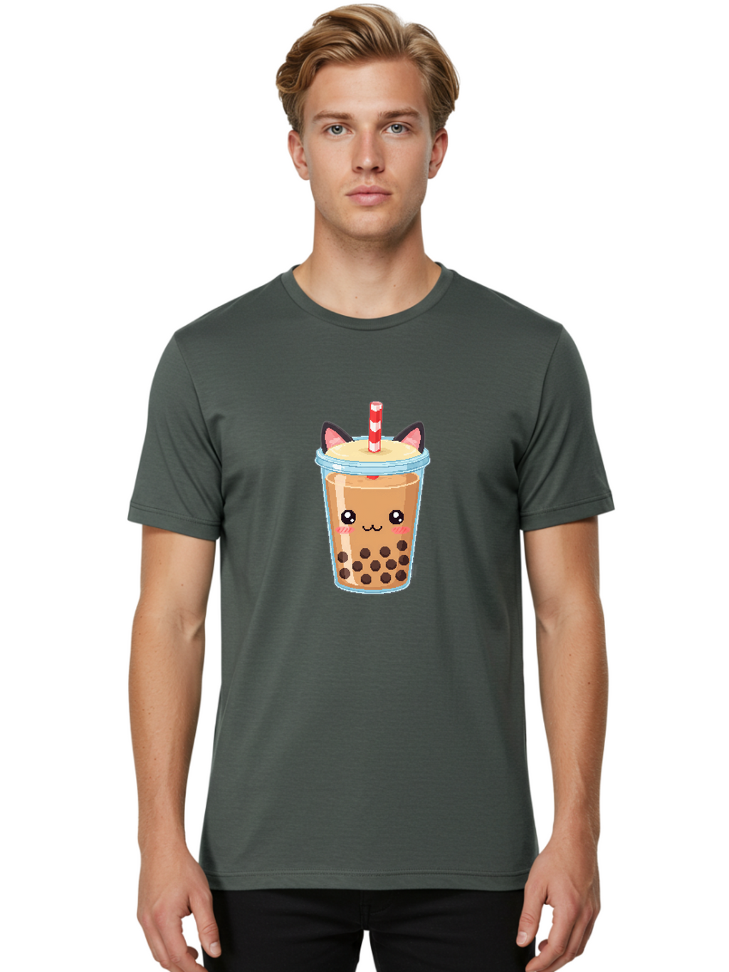 Cat-Bubble-Tea-3 Men'S Graphic Tee, 100% Cotton, Comfortable Casual Summer Wear, Machine Washable, Kawaii Bubble Tea, Cat Face Design, Boba Drink, Cute Illustration, Milk Tea, Cartoon Character, Adorable Beverage Bac797