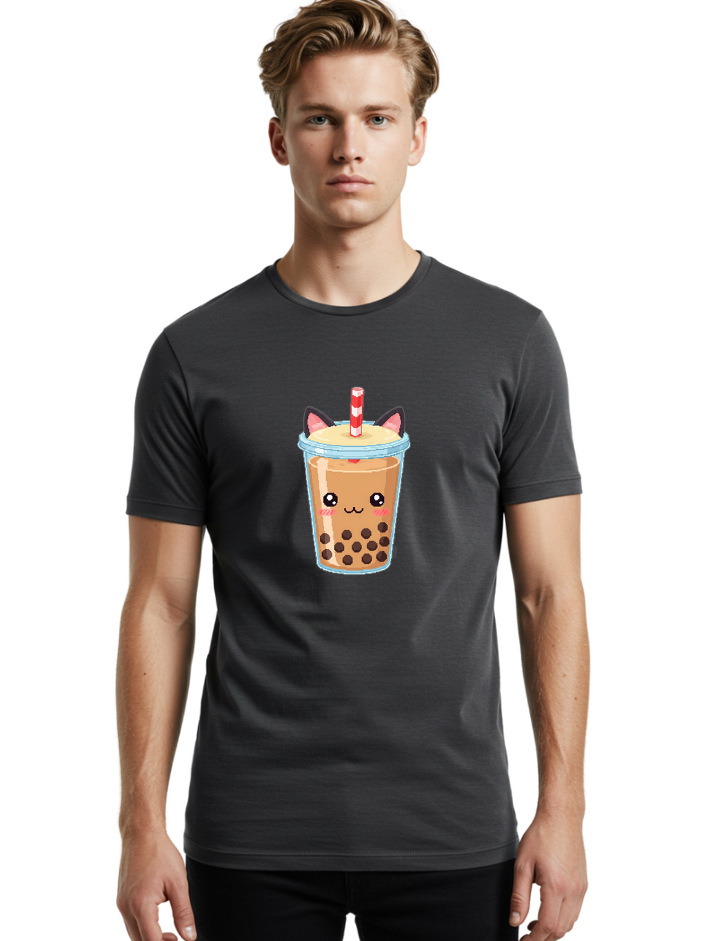 Cat-Bubble-Tea-3 Men'S Graphic Tee, 100% Cotton, Comfortable Casual Summer Wear, Machine Washable, Kawaii Bubble Tea, Cat Face Design, Boba Drink, Cute Illustration, Milk Tea, Cartoon Character, Adorable Beverage Bac797