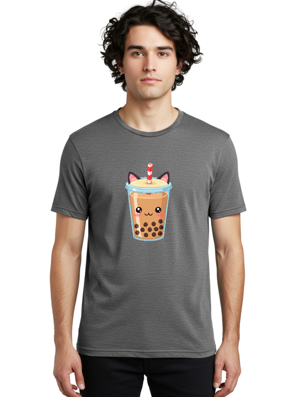 Cat-Bubble-Tea-3 Men'S Graphic Tee, 100% Cotton, Comfortable Casual Summer Wear, Machine Washable, Kawaii Bubble Tea, Cat Face Design, Boba Drink, Cute Illustration, Milk Tea, Cartoon Character, Adorable Beverage Bac797