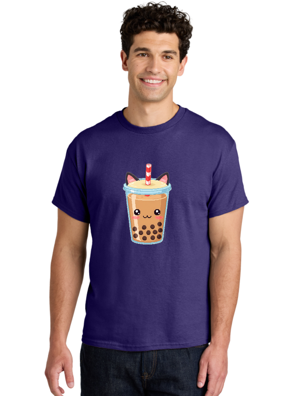 Cat-Bubble-Tea-3 Men'S Graphic Tee, 100% Cotton, Comfortable Casual Summer Wear, Machine Washable, Kawaii Bubble Tea, Cat Face Design, Boba Drink, Cute Illustration, Milk Tea, Cartoon Character, Adorable Beverage Bac797
