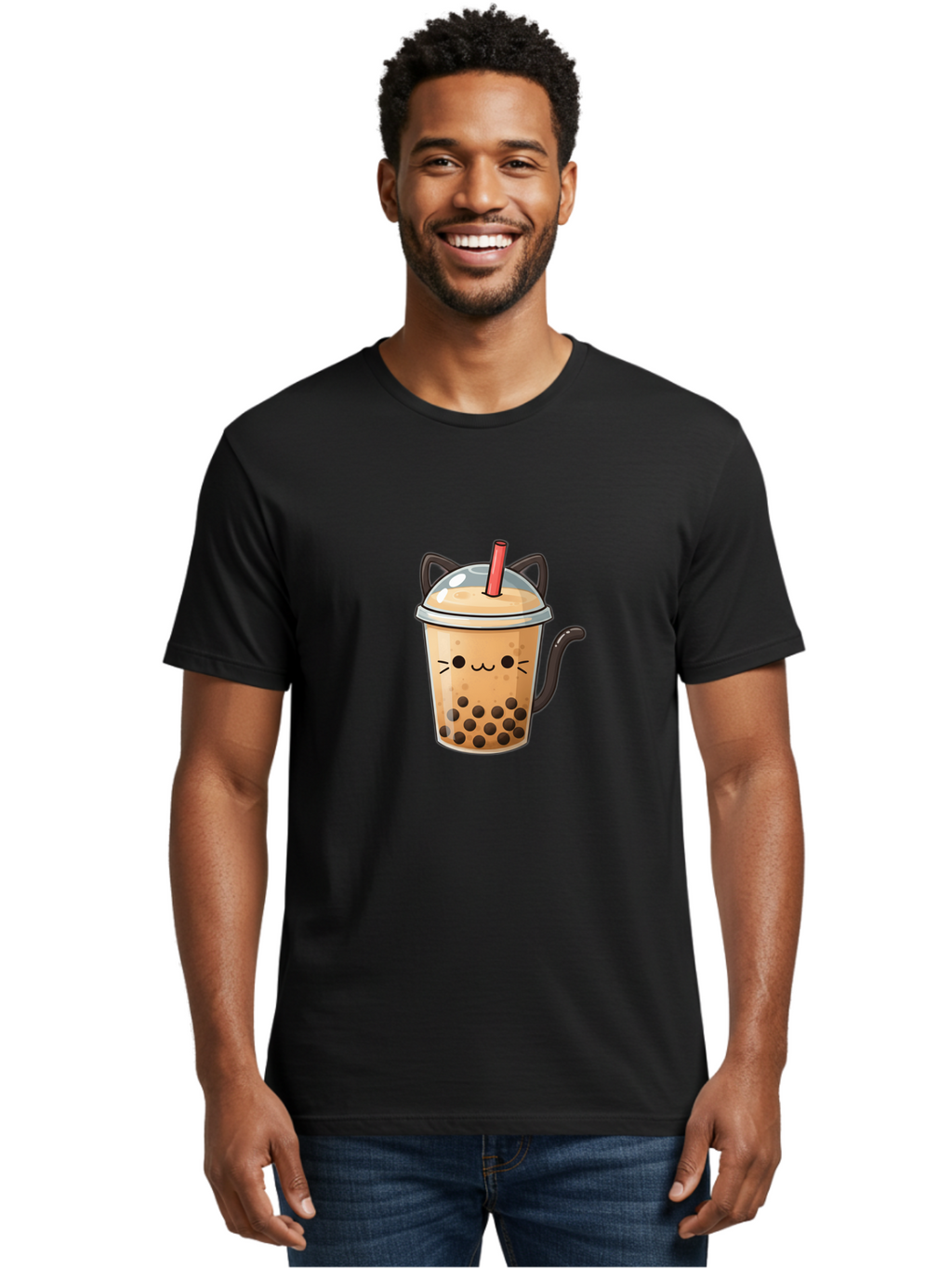 Cat-Bubble-Tea Men'S Graphic Tee, 100% Cotton, Comfortable Casual Summer Wear, Machine Washable, Boba Tea, Bubble Tea, Kawaii Cat, Cute Cat Face, Milk Tea, Tapioca Pearls, Adorable Design, Cartoon Style, Cat Ears, Straw, Bac798