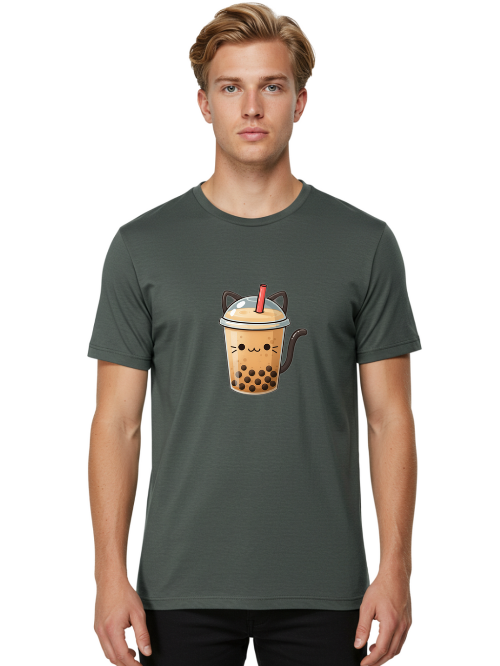 Cat-Bubble-Tea Men'S Graphic Tee, 100% Cotton, Comfortable Casual Summer Wear, Machine Washable, Boba Tea, Bubble Tea, Kawaii Cat, Cute Cat Face, Milk Tea, Tapioca Pearls, Adorable Design, Cartoon Style, Cat Ears, Straw, Bac798