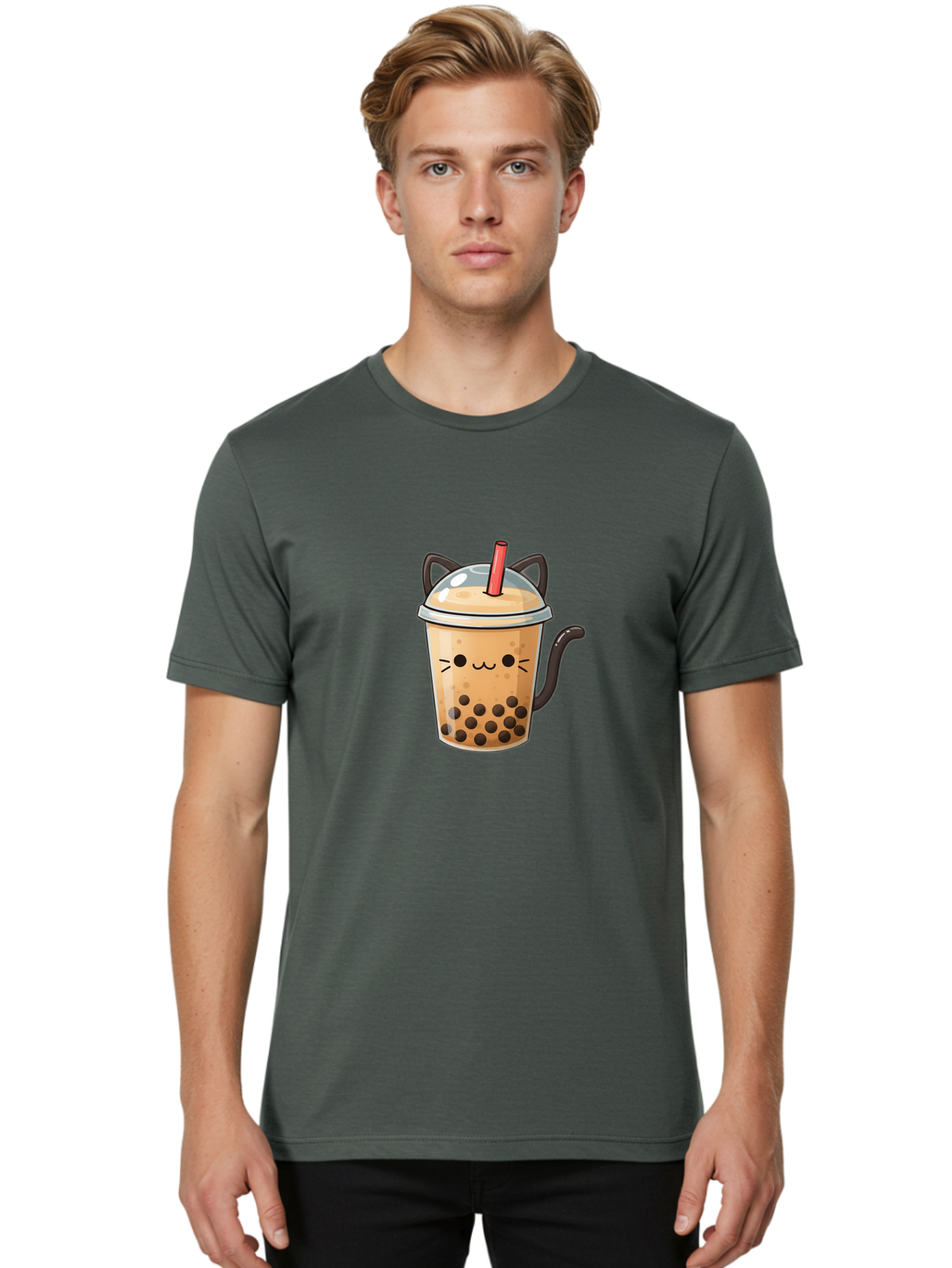 Cat-Bubble-Tea Men'S Graphic Tee, 100% Cotton, Comfortable Casual Summer Wear, Machine Washable, Boba Tea, Bubble Tea, Kawaii Cat, Cute Cat Face, Milk Tea, Tapioca Pearls, Adorable Design, Cartoon Style, Cat Ears, Straw, Bac798