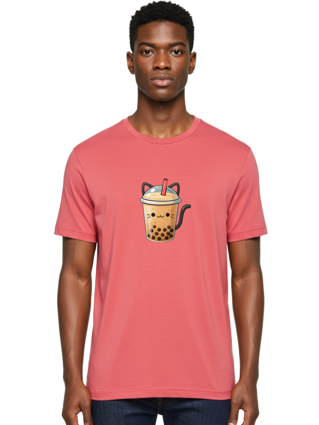 Cat-Bubble-Tea Men'S Graphic Tee, 100% Cotton, Comfortable Casual Summer Wear, Machine Washable, Boba Tea, Bubble Tea, Kawaii Cat, Cute Cat Face, Milk Tea, Tapioca Pearls, Adorable Design, Cartoon Style, Cat Ears, Straw, Bac798