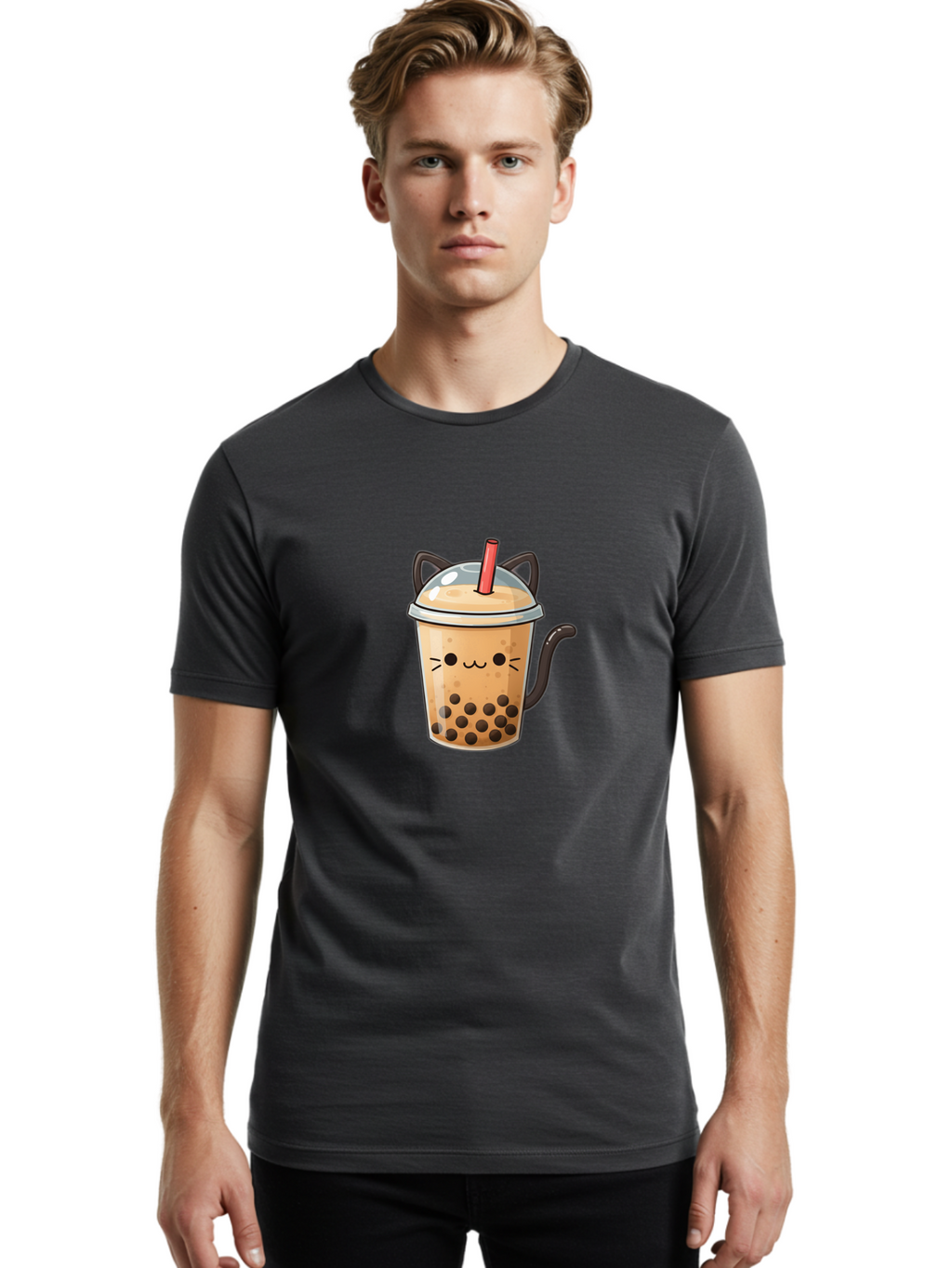 Cat-Bubble-Tea Men'S Graphic Tee, 100% Cotton, Comfortable Casual Summer Wear, Machine Washable, Boba Tea, Bubble Tea, Kawaii Cat, Cute Cat Face, Milk Tea, Tapioca Pearls, Adorable Design, Cartoon Style, Cat Ears, Straw, Bac798