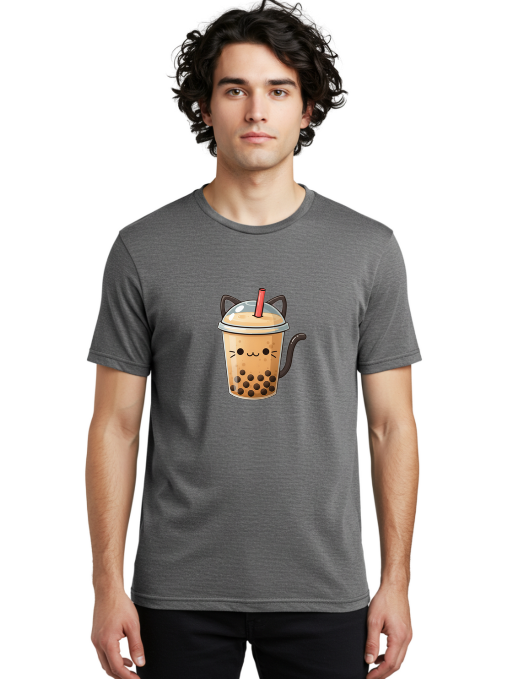 Cat-Bubble-Tea Men'S Graphic Tee, 100% Cotton, Comfortable Casual Summer Wear, Machine Washable, Boba Tea, Bubble Tea, Kawaii Cat, Cute Cat Face, Milk Tea, Tapioca Pearls, Adorable Design, Cartoon Style, Cat Ears, Straw, Bac798