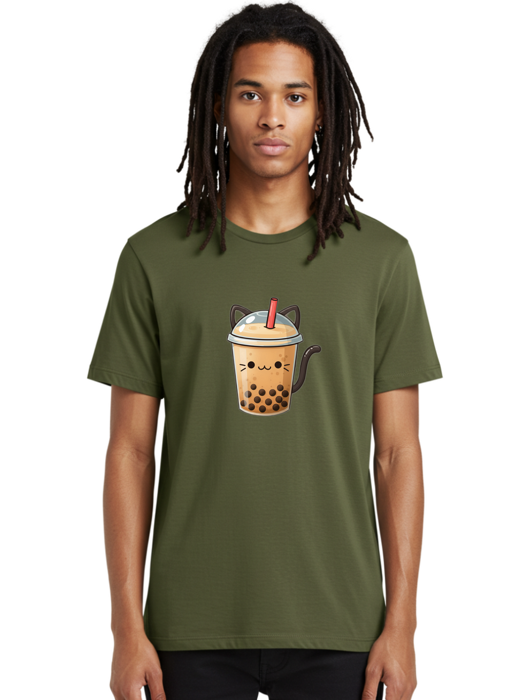 Cat-Bubble-Tea Men'S Graphic Tee, 100% Cotton, Comfortable Casual Summer Wear, Machine Washable, Boba Tea, Bubble Tea, Kawaii Cat, Cute Cat Face, Milk Tea, Tapioca Pearls, Adorable Design, Cartoon Style, Cat Ears, Straw, Bac798