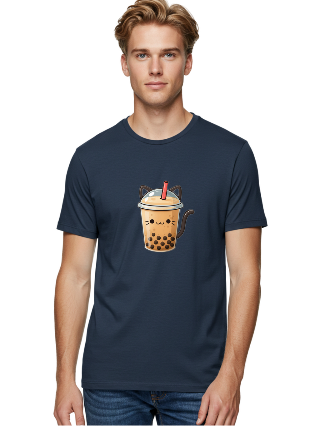 Cat-Bubble-Tea Men'S Graphic Tee, 100% Cotton, Comfortable Casual Summer Wear, Machine Washable, Boba Tea, Bubble Tea, Kawaii Cat, Cute Cat Face, Milk Tea, Tapioca Pearls, Adorable Design, Cartoon Style, Cat Ears, Straw, Bac798