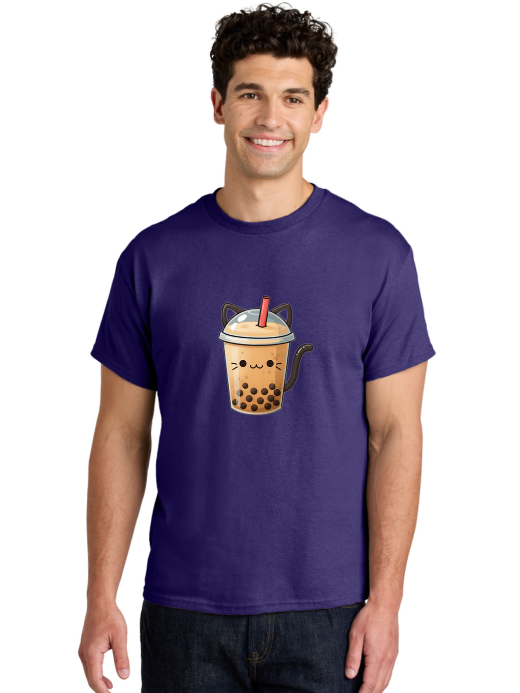 Cat-Bubble-Tea Men'S Graphic Tee, 100% Cotton, Comfortable Casual Summer Wear, Machine Washable, Boba Tea, Bubble Tea, Kawaii Cat, Cute Cat Face, Milk Tea, Tapioca Pearls, Adorable Design, Cartoon Style, Cat Ears, Straw, Bac798