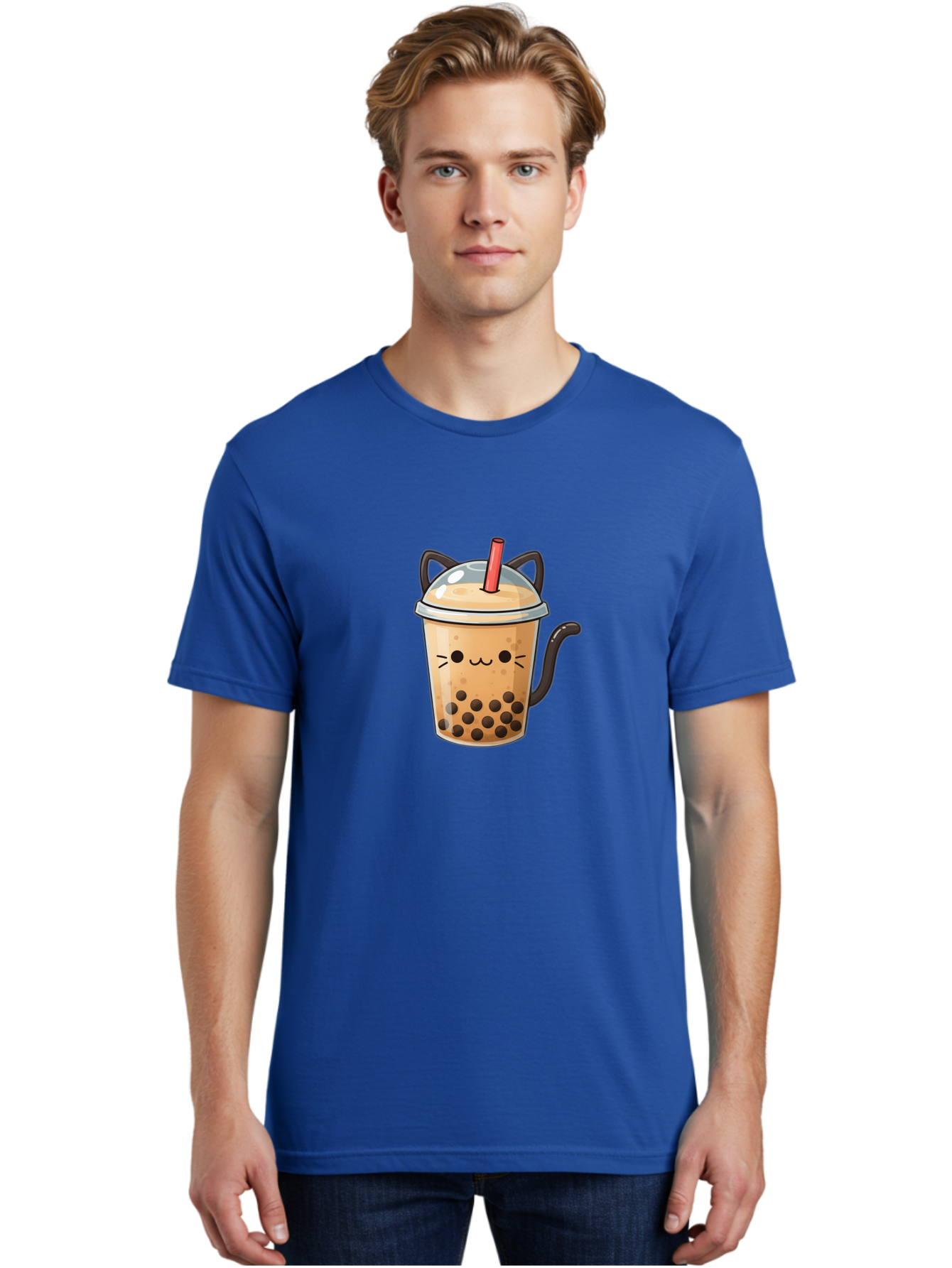 Cat-Bubble-Tea Men'S Graphic Tee, 100% Cotton, Comfortable Casual Summer Wear, Machine Washable, Boba Tea, Bubble Tea, Kawaii Cat, Cute Cat Face, Milk Tea, Tapioca Pearls, Adorable Design, Cartoon Style, Cat Ears, Straw, Bac798