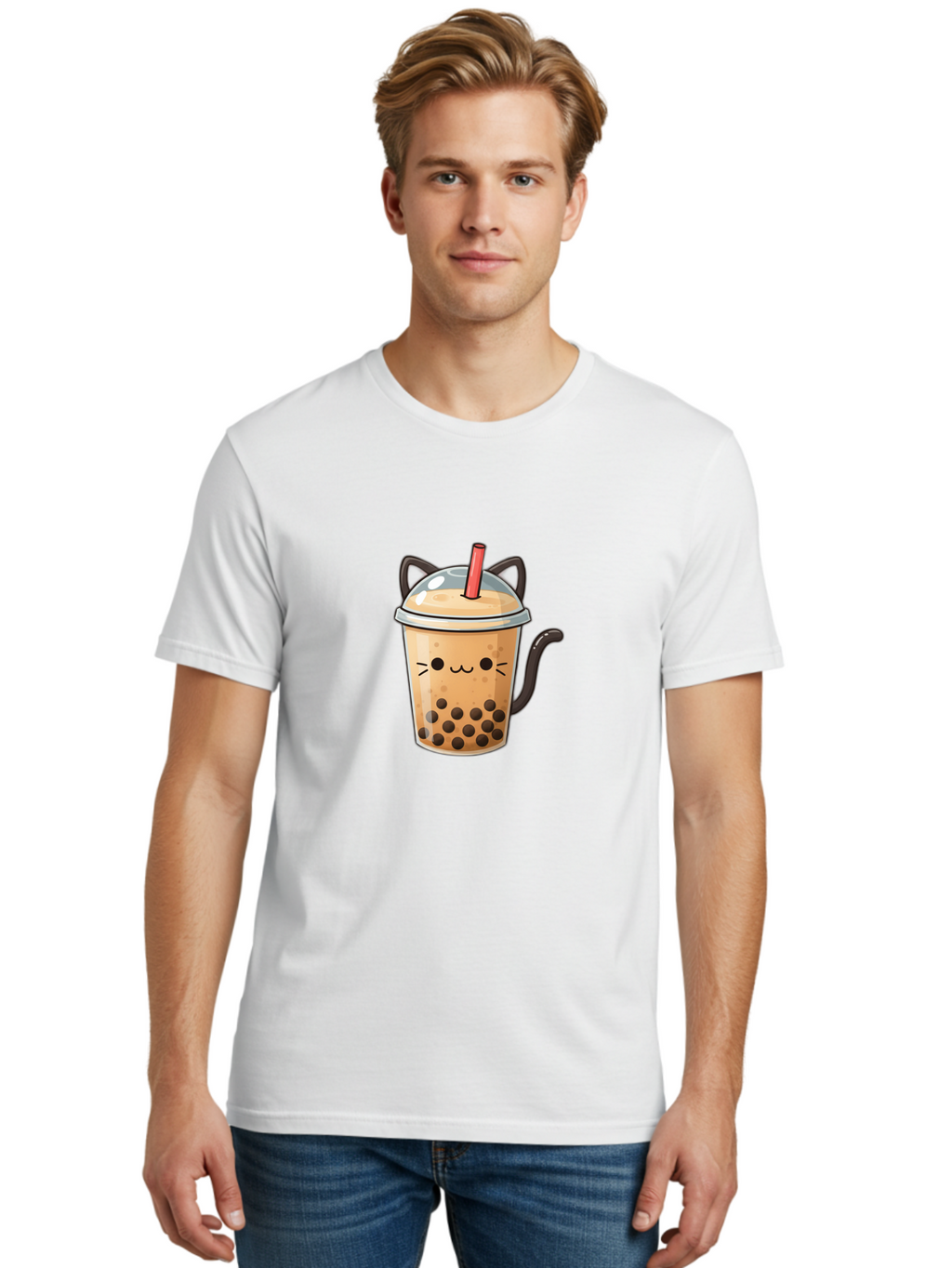 Cat-Bubble-Tea Men'S Graphic Tee, 100% Cotton, Comfortable Casual Summer Wear, Machine Washable, Boba Tea, Bubble Tea, Kawaii Cat, Cute Cat Face, Milk Tea, Tapioca Pearls, Adorable Design, Cartoon Style, Cat Ears, Straw, Bac798