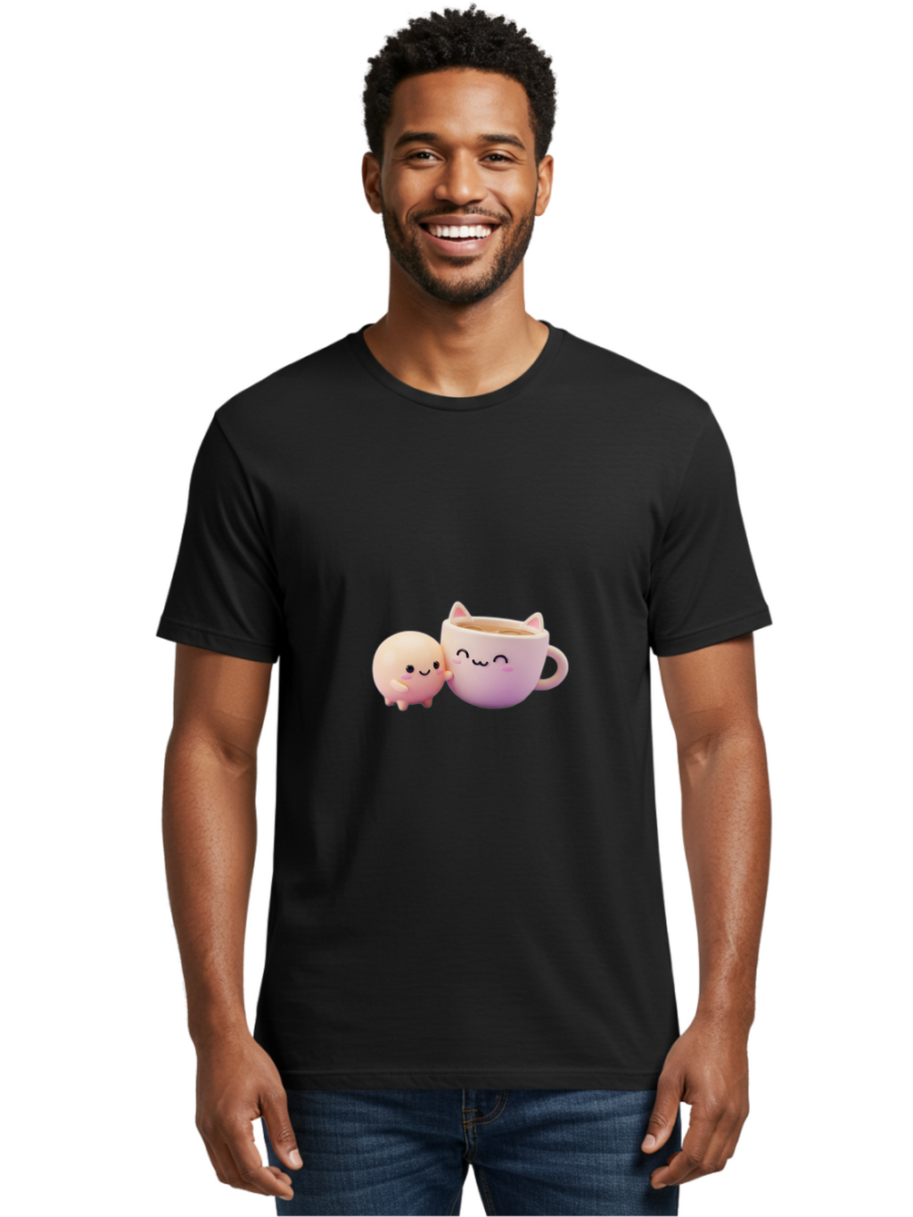 Cat-Face-Mug Men'S Graphic Tee, 100% Cotton, Comfortable Casual Summer Wear, Machine Washable, Cute Cartoon Character, Smiling Face, Pink Pastel Colors, Adorable Cat Mug, Kawaii Culture, Coffee Break, Fun Accessories, Playful Design, Bac799
