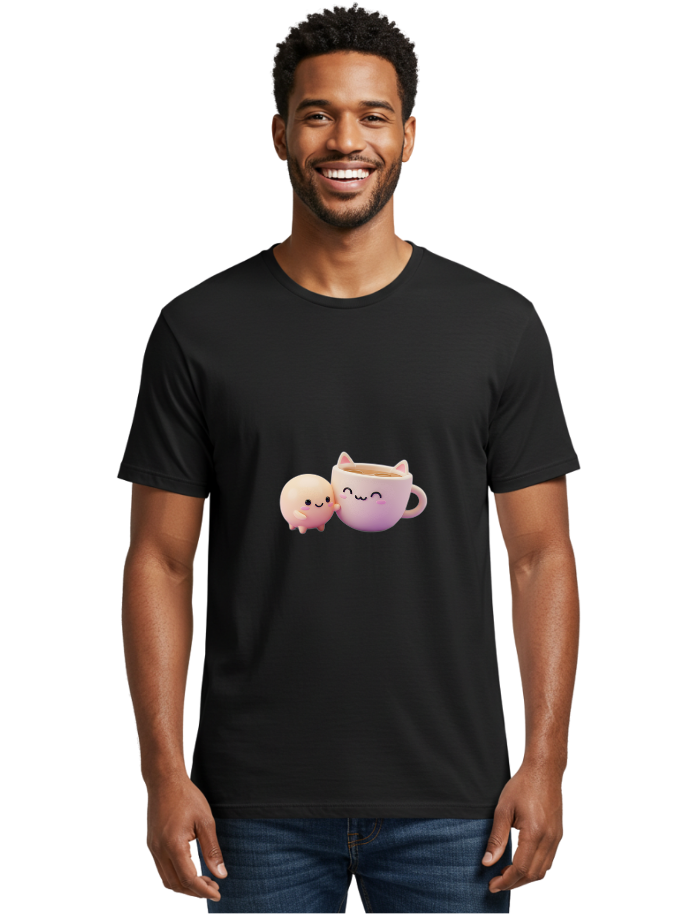 Cat-Face-Mug Men'S Graphic Tee, 100% Cotton, Comfortable Casual Summer Wear, Machine Washable, Cute Cartoon Character, Smiling Face, Pink Pastel Colors, Adorable Cat Mug, Kawaii Culture, Coffee Break, Fun Accessories, Playful Design, Bac799