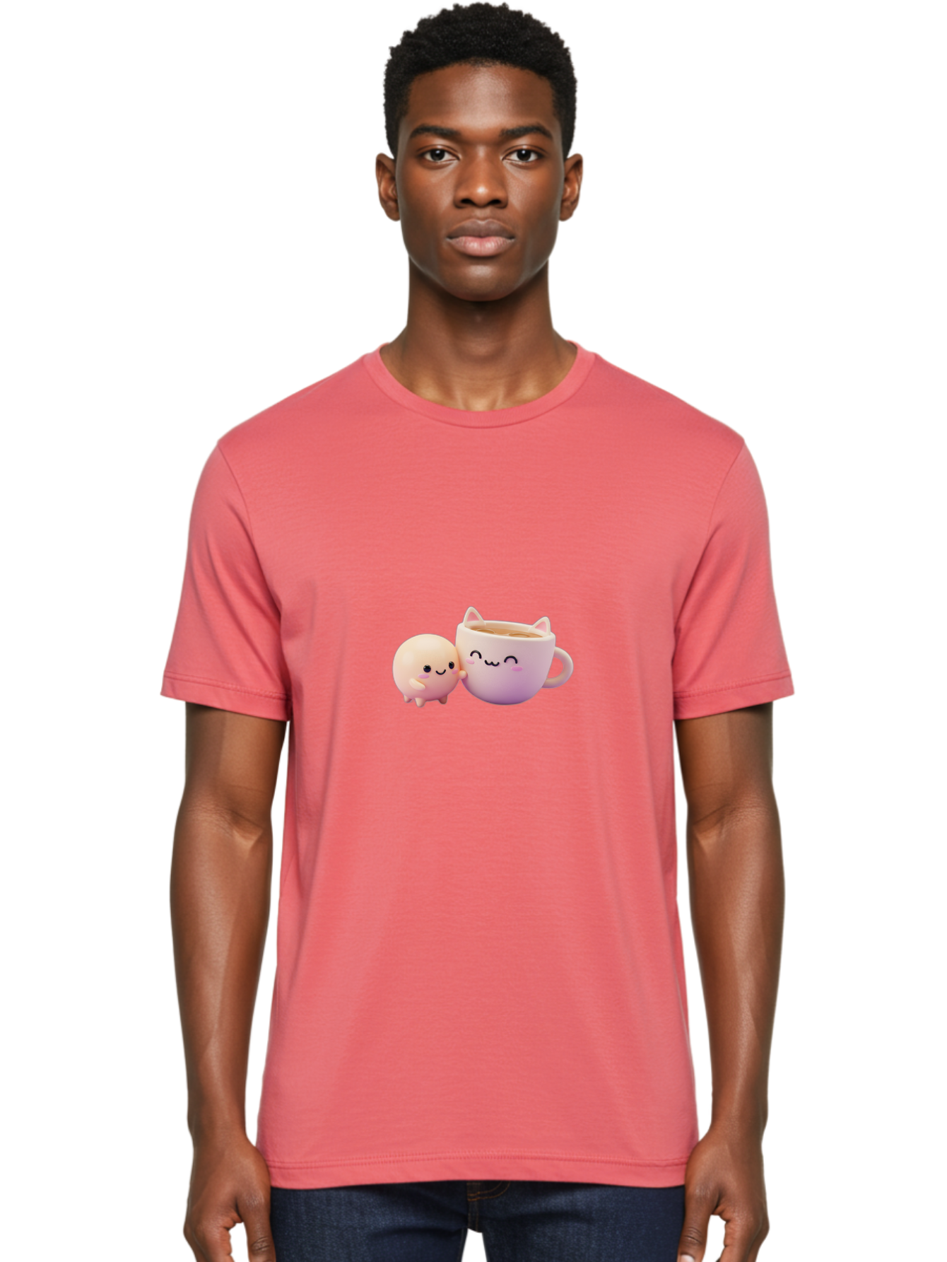 Cat-Face-Mug Men'S Graphic Tee, 100% Cotton, Comfortable Casual Summer Wear, Machine Washable, Cute Cartoon Character, Smiling Face, Pink Pastel Colors, Adorable Cat Mug, Kawaii Culture, Coffee Break, Fun Accessories, Playful Design, Bac799
