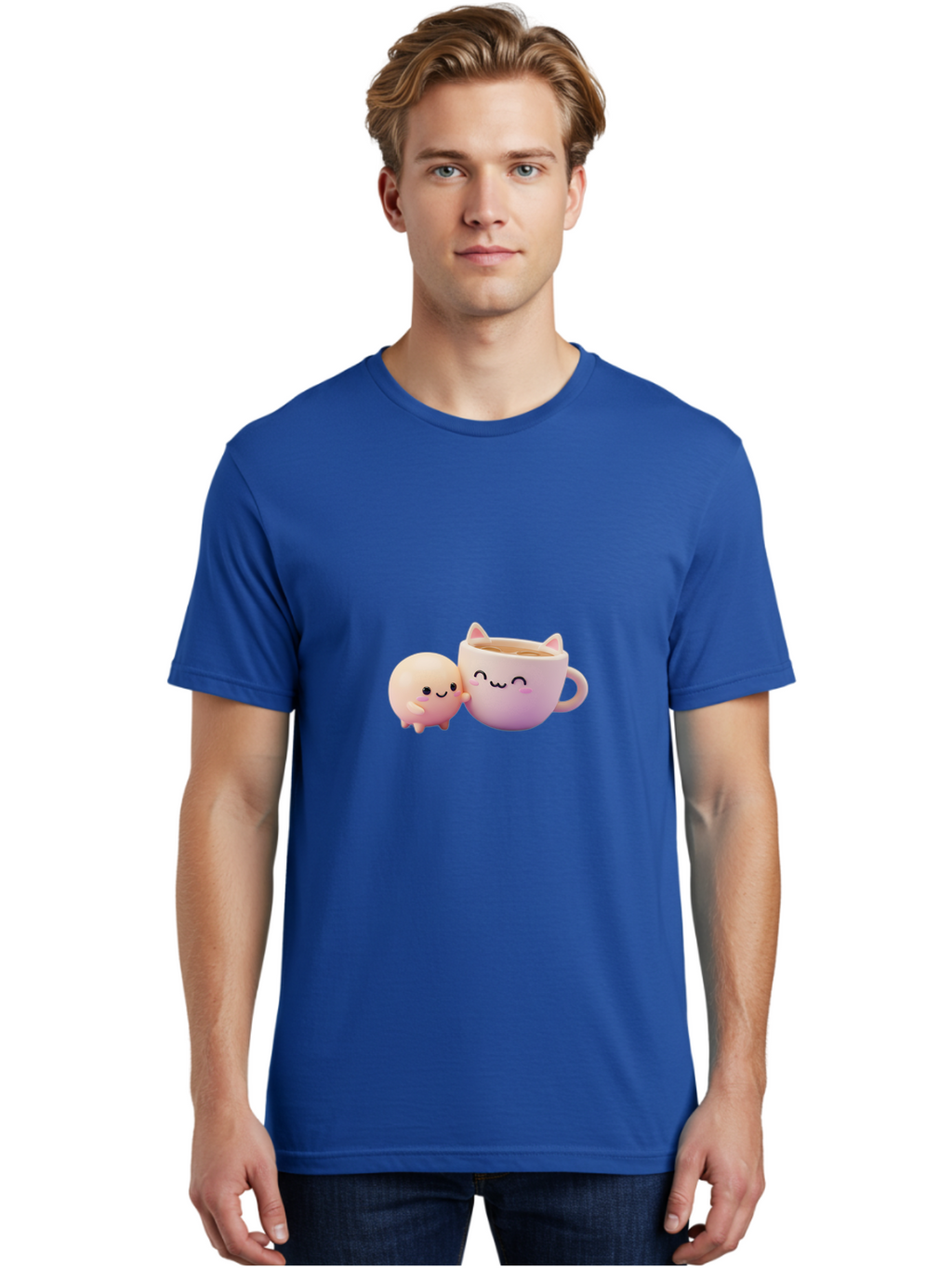 Cat-Face-Mug Men'S Graphic Tee, 100% Cotton, Comfortable Casual Summer Wear, Machine Washable, Cute Cartoon Character, Smiling Face, Pink Pastel Colors, Adorable Cat Mug, Kawaii Culture, Coffee Break, Fun Accessories, Playful Design, Bac799