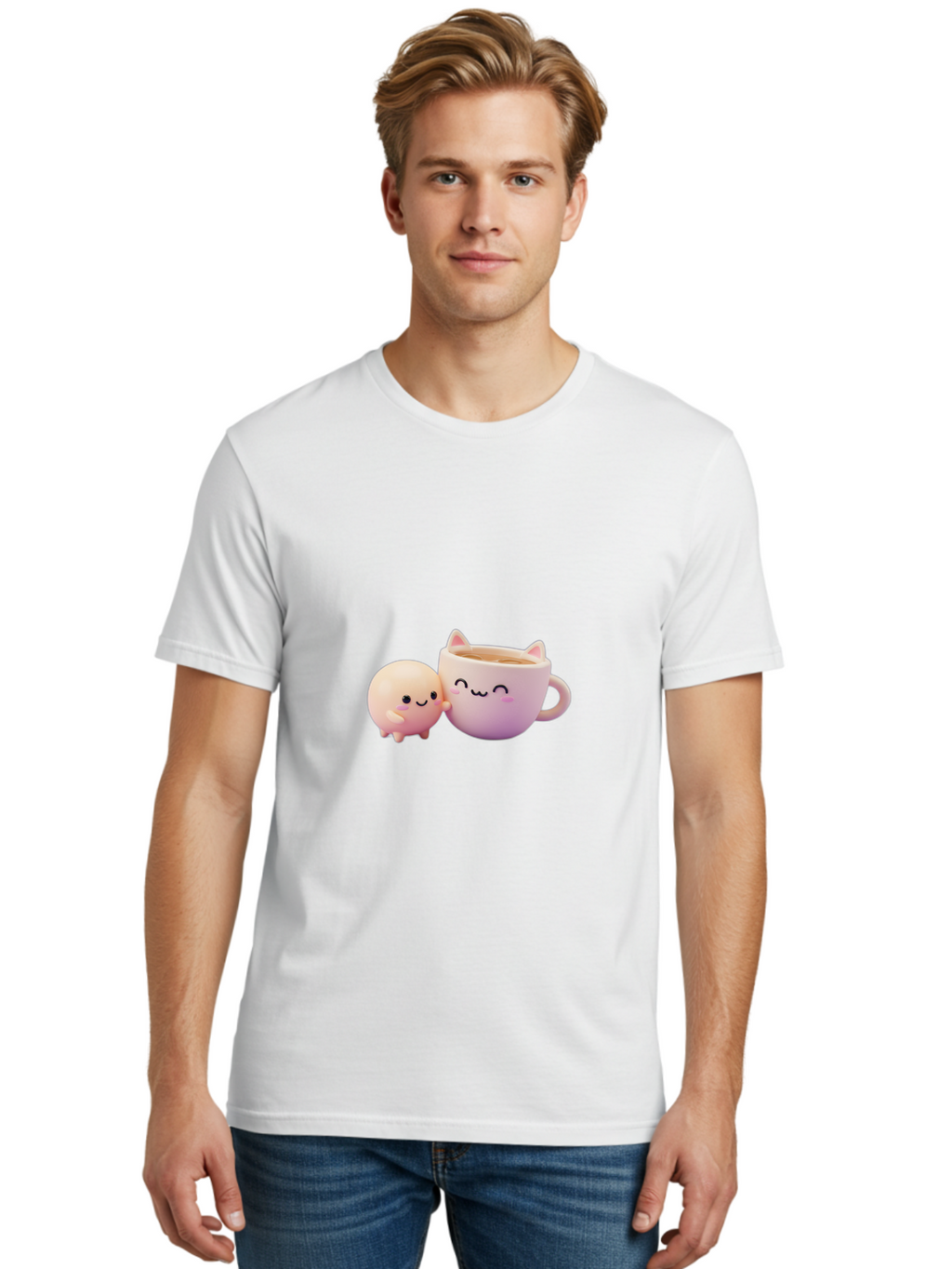 Cat-Face-Mug Men'S Graphic Tee, 100% Cotton, Comfortable Casual Summer Wear, Machine Washable, Cute Cartoon Character, Smiling Face, Pink Pastel Colors, Adorable Cat Mug, Kawaii Culture, Coffee Break, Fun Accessories, Playful Design, Bac799