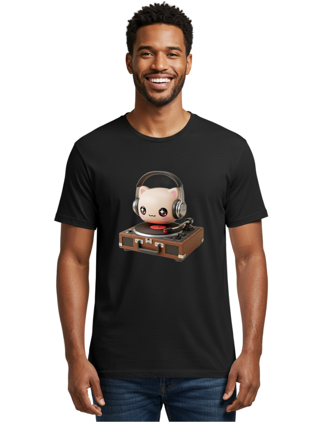 Cat-Headphones-Dj Men'S Graphic Tee, 100% Cotton, Comfortable Casual Summer Wear, Machine Washable, Cute Cat Head, Record Player, Vinyl Record, Headphones, Music Lover, Dj Cat, Retro Style, Nostalgic Vibe, Kawaii Culture, Cartoon Character Bac800
