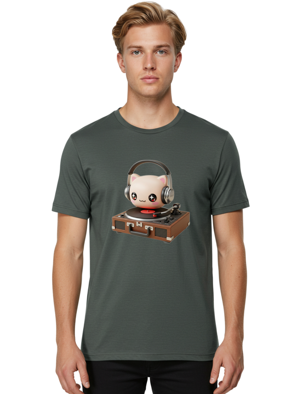 Cat-Headphones-Dj Men'S Graphic Tee, 100% Cotton, Comfortable Casual Summer Wear, Machine Washable, Cute Cat Head, Record Player, Vinyl Record, Headphones, Music Lover, Dj Cat, Retro Style, Nostalgic Vibe, Kawaii Culture, Cartoon Character Bac800