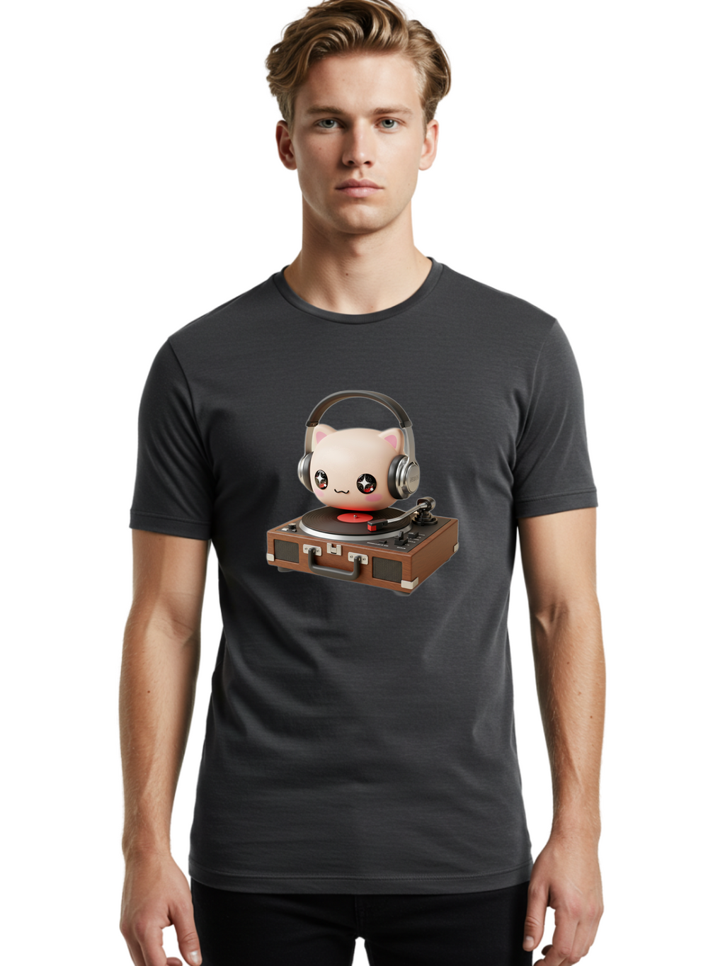 Cat-Headphones-Dj Men'S Graphic Tee, 100% Cotton, Comfortable Casual Summer Wear, Machine Washable, Cute Cat Head, Record Player, Vinyl Record, Headphones, Music Lover, Dj Cat, Retro Style, Nostalgic Vibe, Kawaii Culture, Cartoon Character Bac800