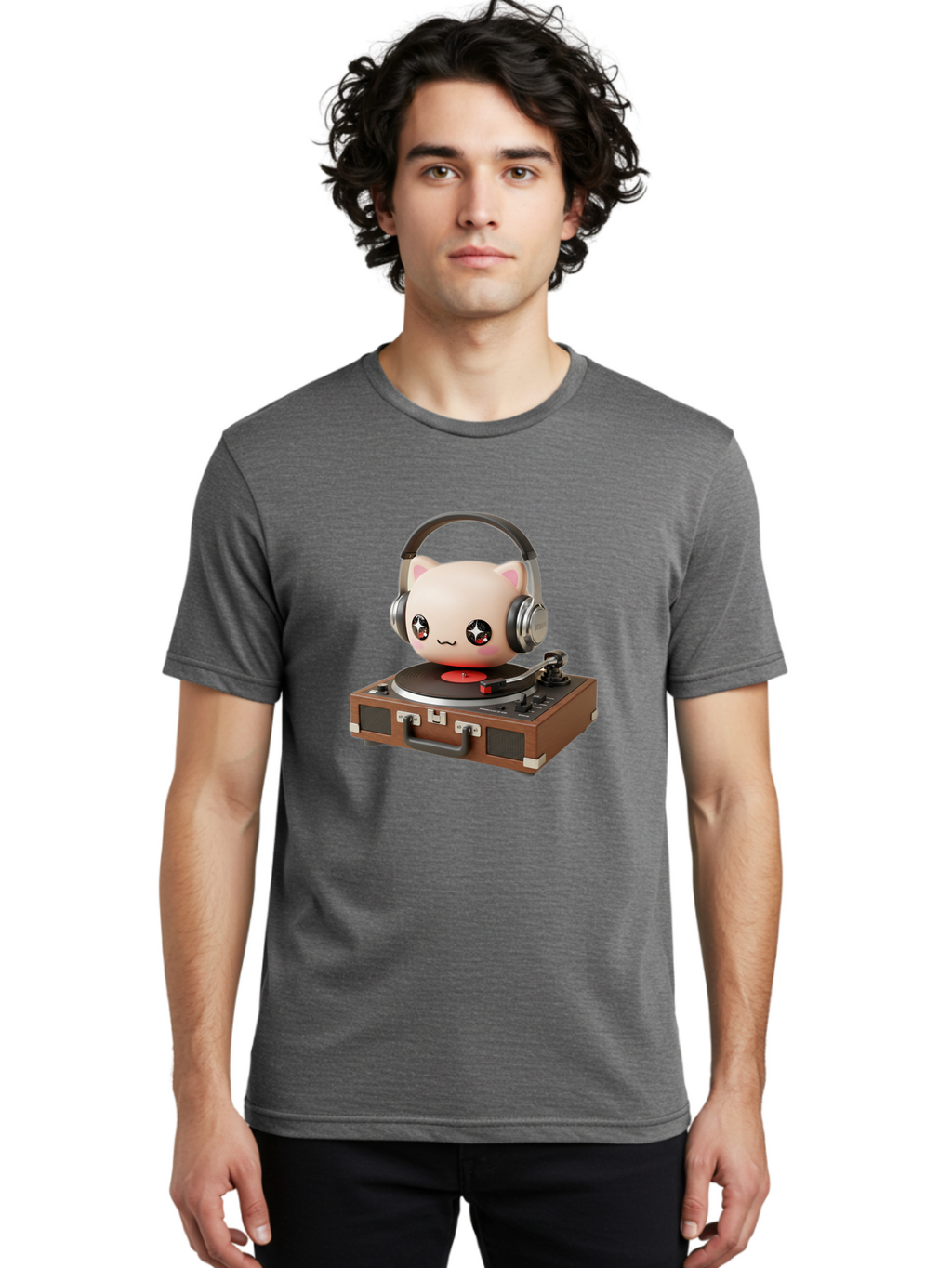 Cat-Headphones-Dj Men'S Graphic Tee, 100% Cotton, Comfortable Casual Summer Wear, Machine Washable, Cute Cat Head, Record Player, Vinyl Record, Headphones, Music Lover, Dj Cat, Retro Style, Nostalgic Vibe, Kawaii Culture, Cartoon Character Bac800