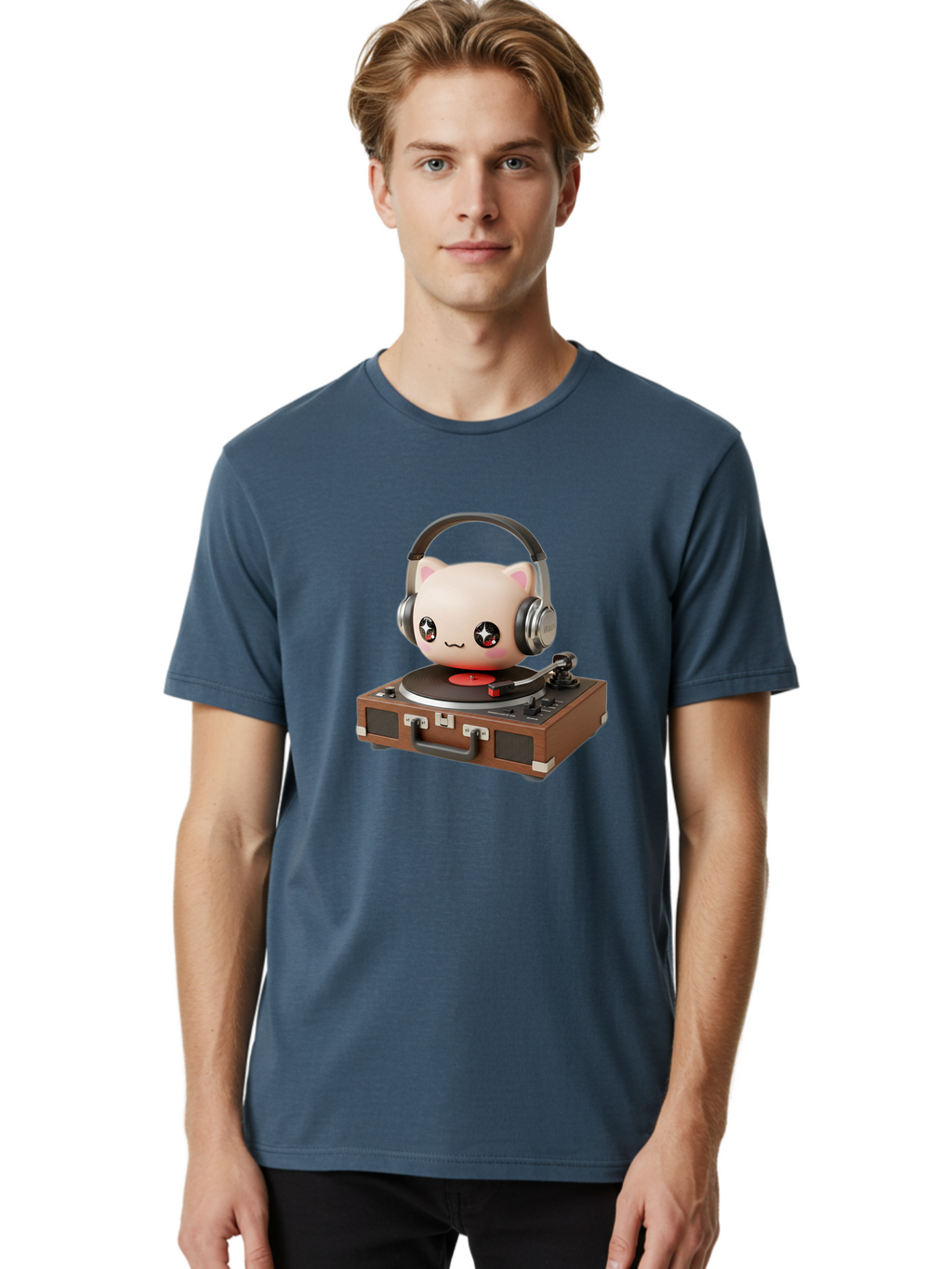 Cat-Headphones-Dj Men'S Graphic Tee, 100% Cotton, Comfortable Casual Summer Wear, Machine Washable, Cute Cat Head, Record Player, Vinyl Record, Headphones, Music Lover, Dj Cat, Retro Style, Nostalgic Vibe, Kawaii Culture, Cartoon Character Bac800