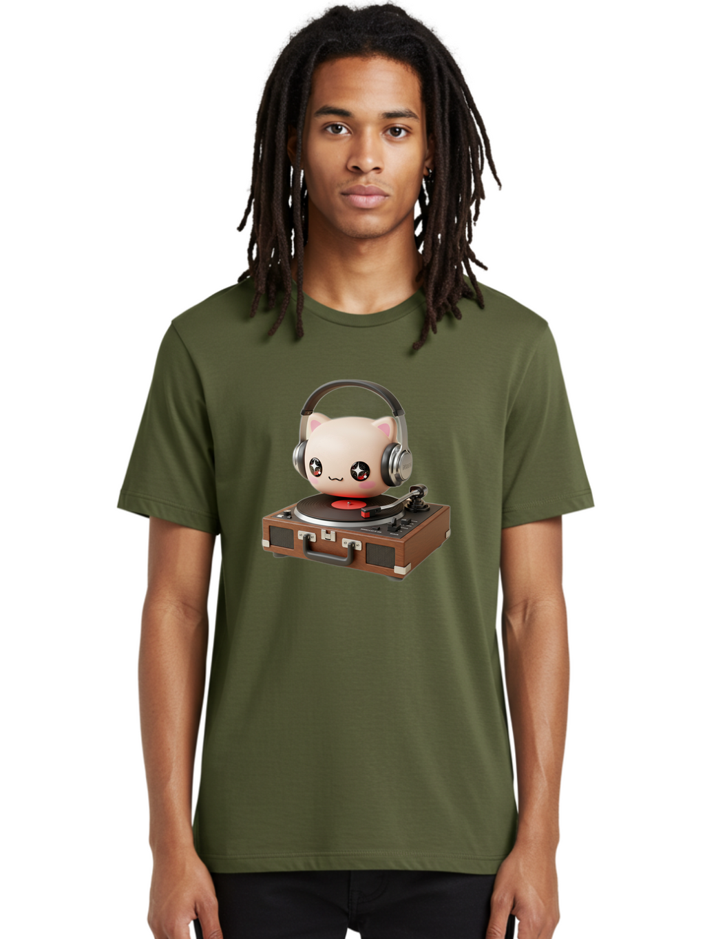 Cat-Headphones-Dj Men'S Graphic Tee, 100% Cotton, Comfortable Casual Summer Wear, Machine Washable, Cute Cat Head, Record Player, Vinyl Record, Headphones, Music Lover, Dj Cat, Retro Style, Nostalgic Vibe, Kawaii Culture, Cartoon Character Bac800