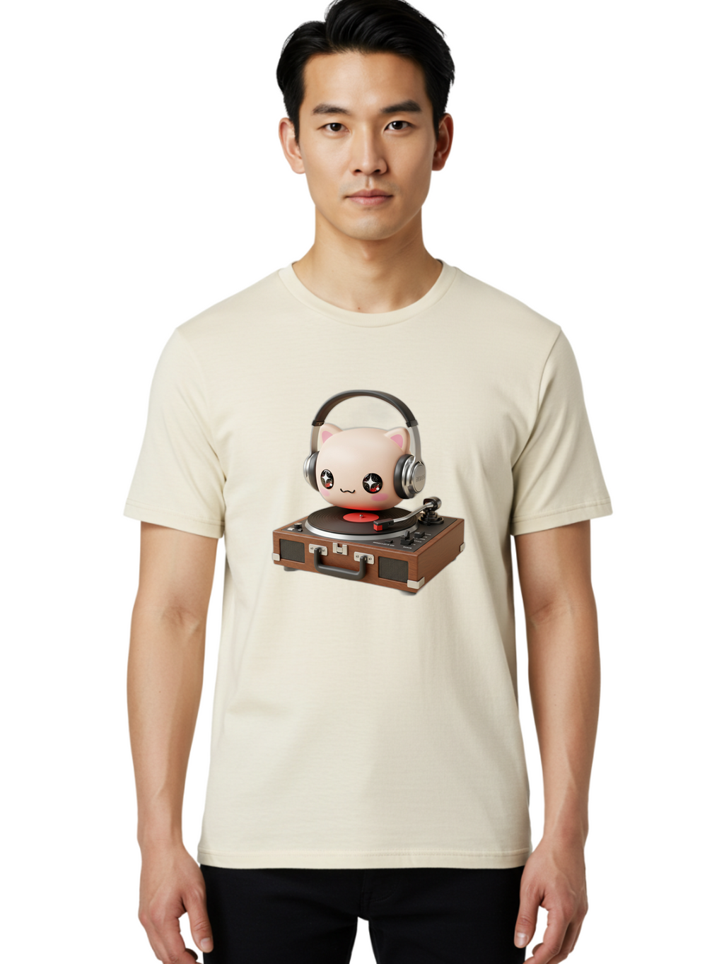 Cat-Headphones-Dj Men'S Graphic Tee, 100% Cotton, Comfortable Casual Summer Wear, Machine Washable, Cute Cat Head, Record Player, Vinyl Record, Headphones, Music Lover, Dj Cat, Retro Style, Nostalgic Vibe, Kawaii Culture, Cartoon Character Bac800