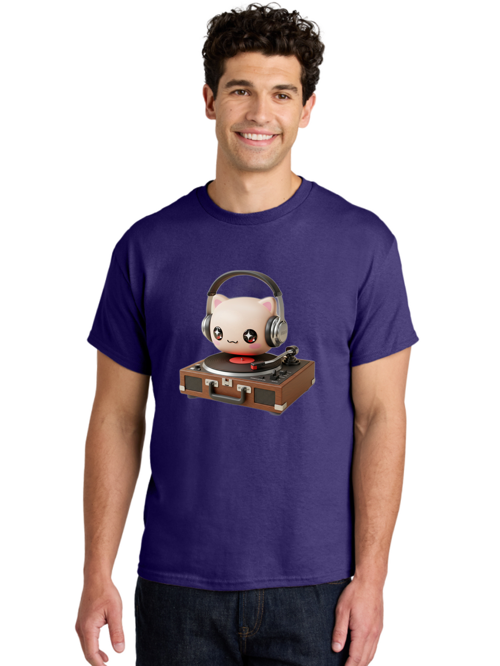 Cat-Headphones-Dj Men'S Graphic Tee, 100% Cotton, Comfortable Casual Summer Wear, Machine Washable, Cute Cat Head, Record Player, Vinyl Record, Headphones, Music Lover, Dj Cat, Retro Style, Nostalgic Vibe, Kawaii Culture, Cartoon Character Bac800