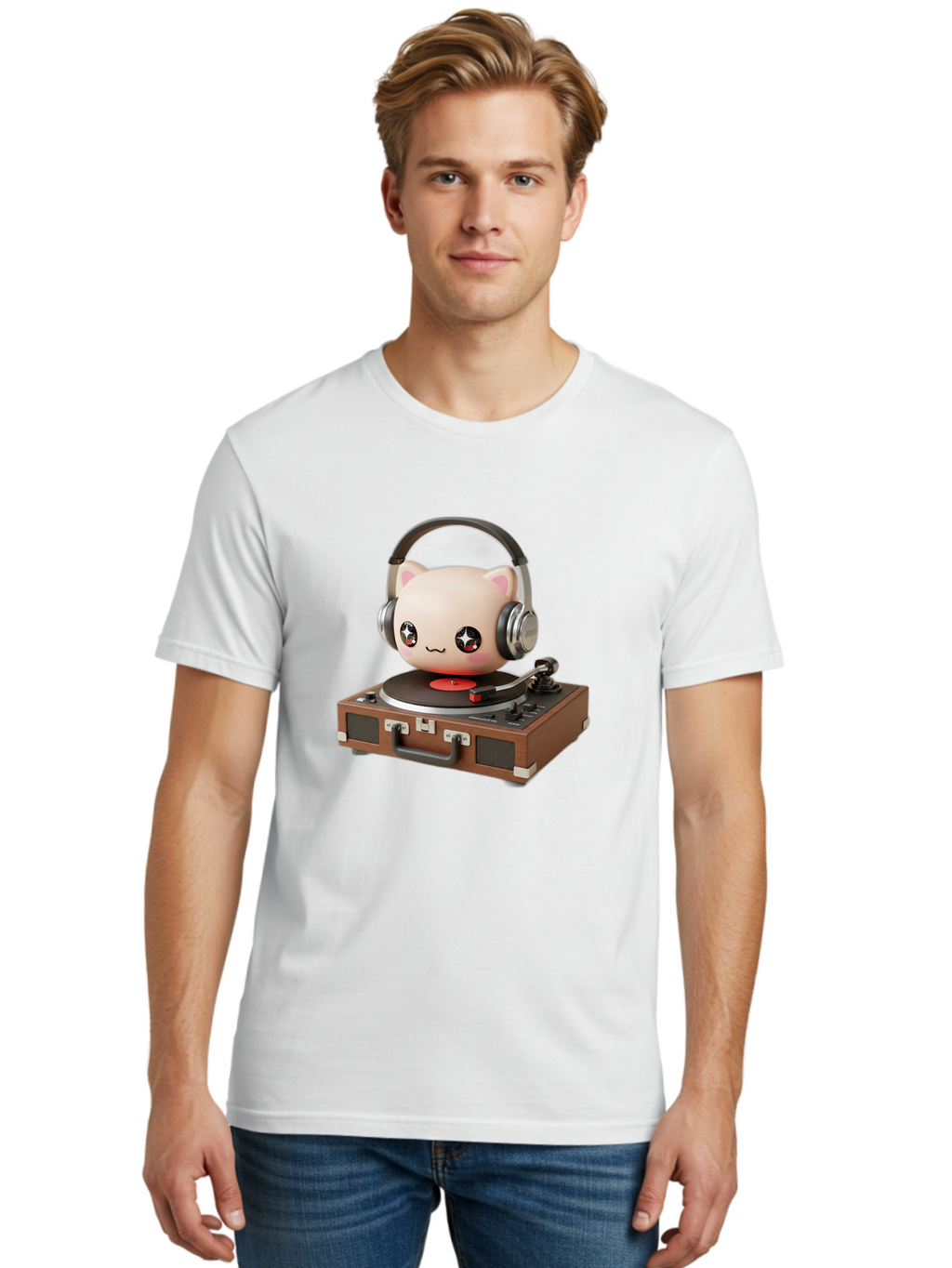 Cat-Headphones-Dj Men'S Graphic Tee, 100% Cotton, Comfortable Casual Summer Wear, Machine Washable, Cute Cat Head, Record Player, Vinyl Record, Headphones, Music Lover, Dj Cat, Retro Style, Nostalgic Vibe, Kawaii Culture, Cartoon Character Bac800