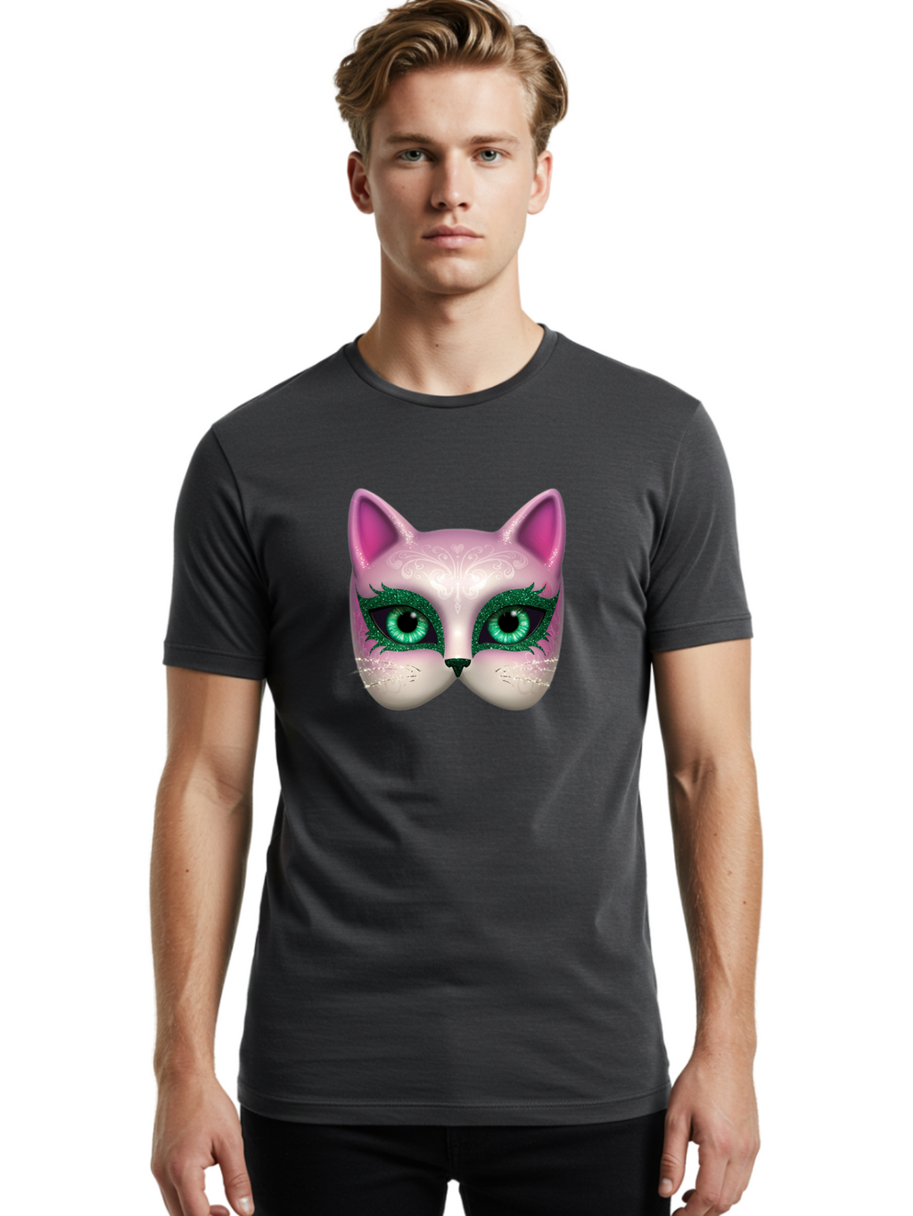 Cat-Mask Men'S Graphic Tee, 100% Cotton, Comfortable Casual Summer Wear, Machine Washable, Pink Cat Face, Gemstone Eyes, Green Mascara, Floral Design, Pretty Kitty, Cute Cat Illustration, Glamorous Cat Eyes, Festive Cat Mask, Creative Cat Art, Bac801