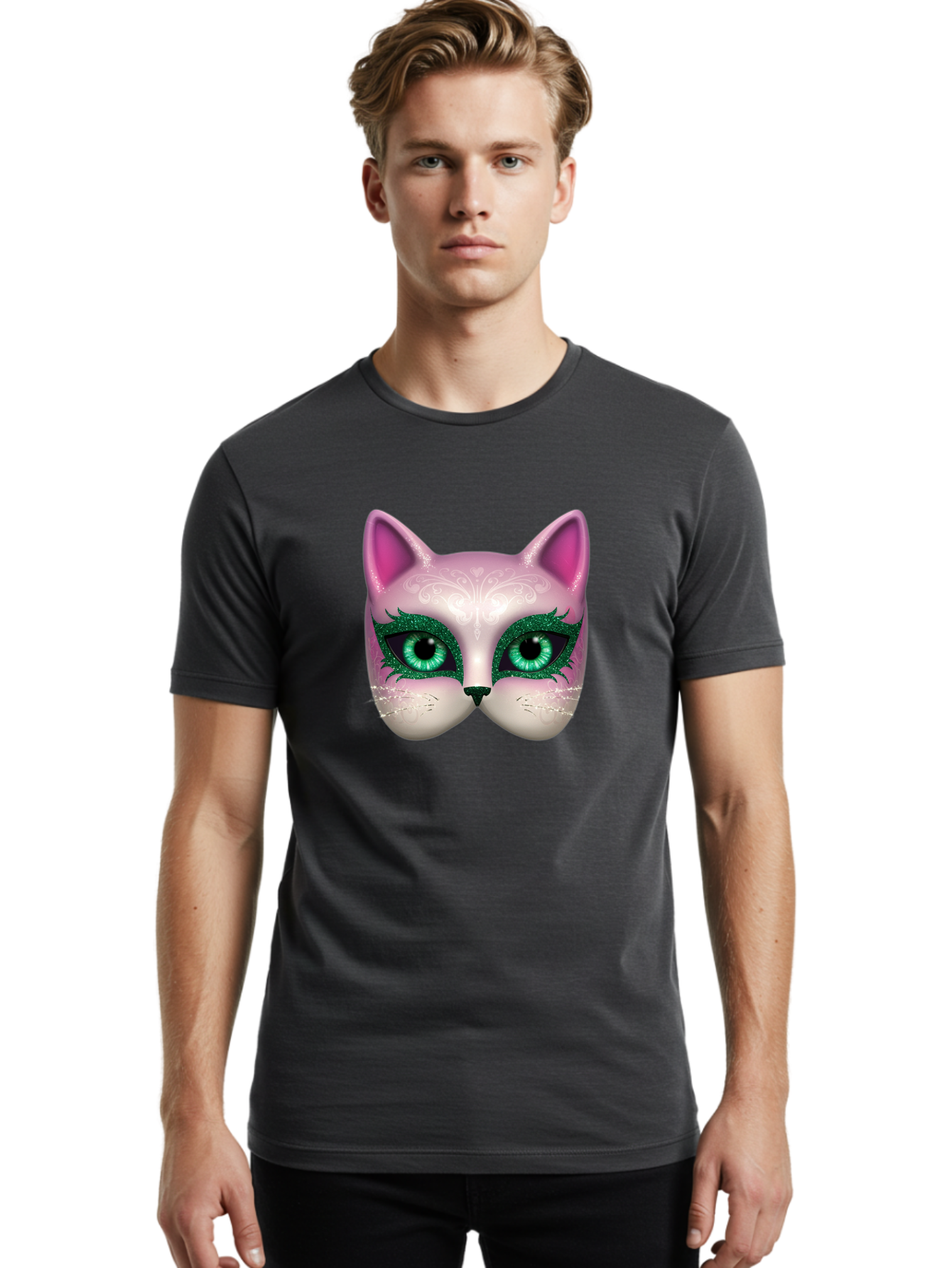 Cat-Mask Men'S Graphic Tee, 100% Cotton, Comfortable Casual Summer Wear, Machine Washable, Pink Cat Face, Gemstone Eyes, Green Mascara, Floral Design, Pretty Kitty, Cute Cat Illustration, Glamorous Cat Eyes, Festive Cat Mask, Creative Cat Art, Bac801