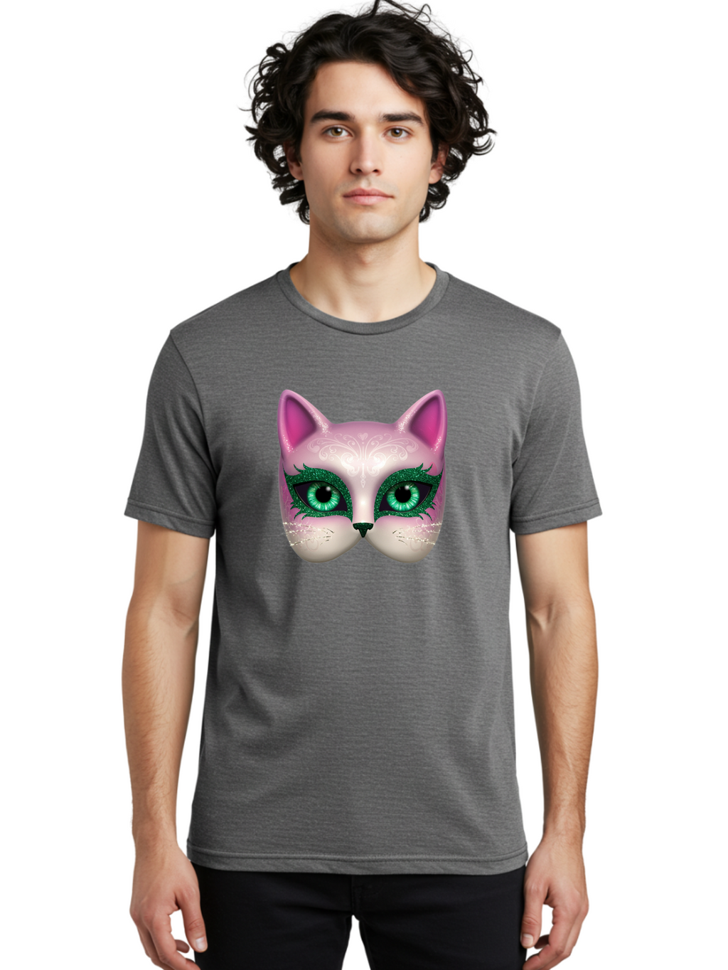 Cat-Mask Men'S Graphic Tee, 100% Cotton, Comfortable Casual Summer Wear, Machine Washable, Pink Cat Face, Gemstone Eyes, Green Mascara, Floral Design, Pretty Kitty, Cute Cat Illustration, Glamorous Cat Eyes, Festive Cat Mask, Creative Cat Art, Bac801