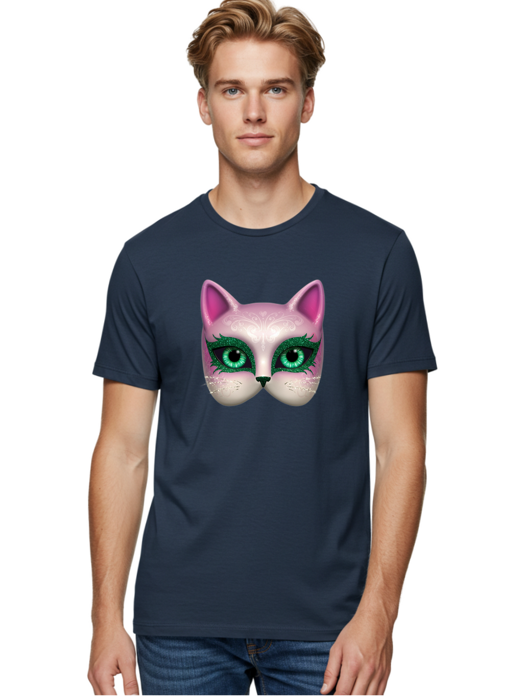 Cat-Mask Men'S Graphic Tee, 100% Cotton, Comfortable Casual Summer Wear, Machine Washable, Pink Cat Face, Gemstone Eyes, Green Mascara, Floral Design, Pretty Kitty, Cute Cat Illustration, Glamorous Cat Eyes, Festive Cat Mask, Creative Cat Art, Bac801