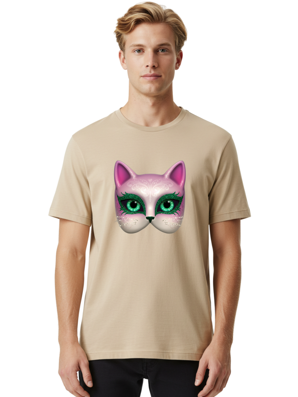 Cat-Mask Men'S Graphic Tee, 100% Cotton, Comfortable Casual Summer Wear, Machine Washable, Pink Cat Face, Gemstone Eyes, Green Mascara, Floral Design, Pretty Kitty, Cute Cat Illustration, Glamorous Cat Eyes, Festive Cat Mask, Creative Cat Art, Bac801
