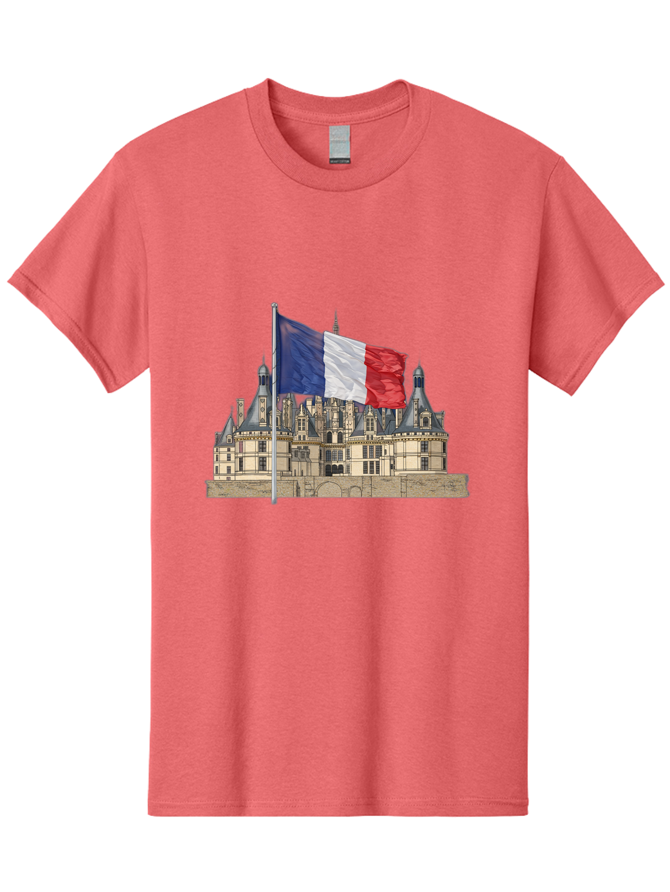Chateau-De-Chambord Men'S Graphic Tee, 100% Cotton, Comfortable Casual Summer Wear, Machine Washable, French Flag Waving, Historic Chateau, European Architecture, French Heritage, National Pride, Cultural Significance, France Tourism Bac802