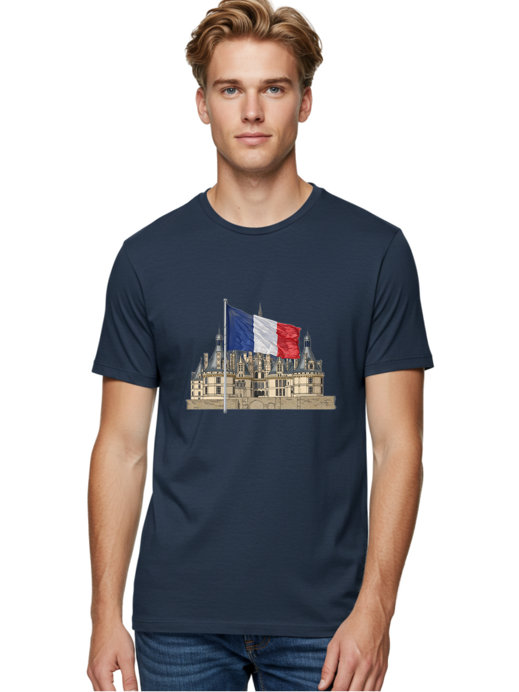 Chateau-De-Chambord Men'S Graphic Tee, 100% Cotton, Comfortable Casual Summer Wear, Machine Washable, French Flag Waving, Historic Chateau, European Architecture, French Heritage, National Pride, Cultural Significance, France Tourism Bac802
