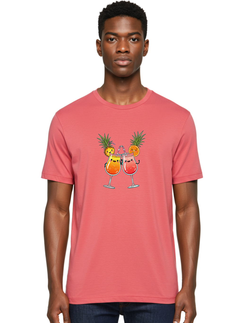 Cheers-Drinks Men'S Graphic Tee, 100% Cotton, Comfortable Casual Summer Wear, Machine Washable, Cartoon Cocktails, Fruity Drinks, Orange And Pink Colors, Pineapple Garnish, Smiling Glasses, Cheerful Toast, Fun Illustration, Tropical Vibe, Bac803