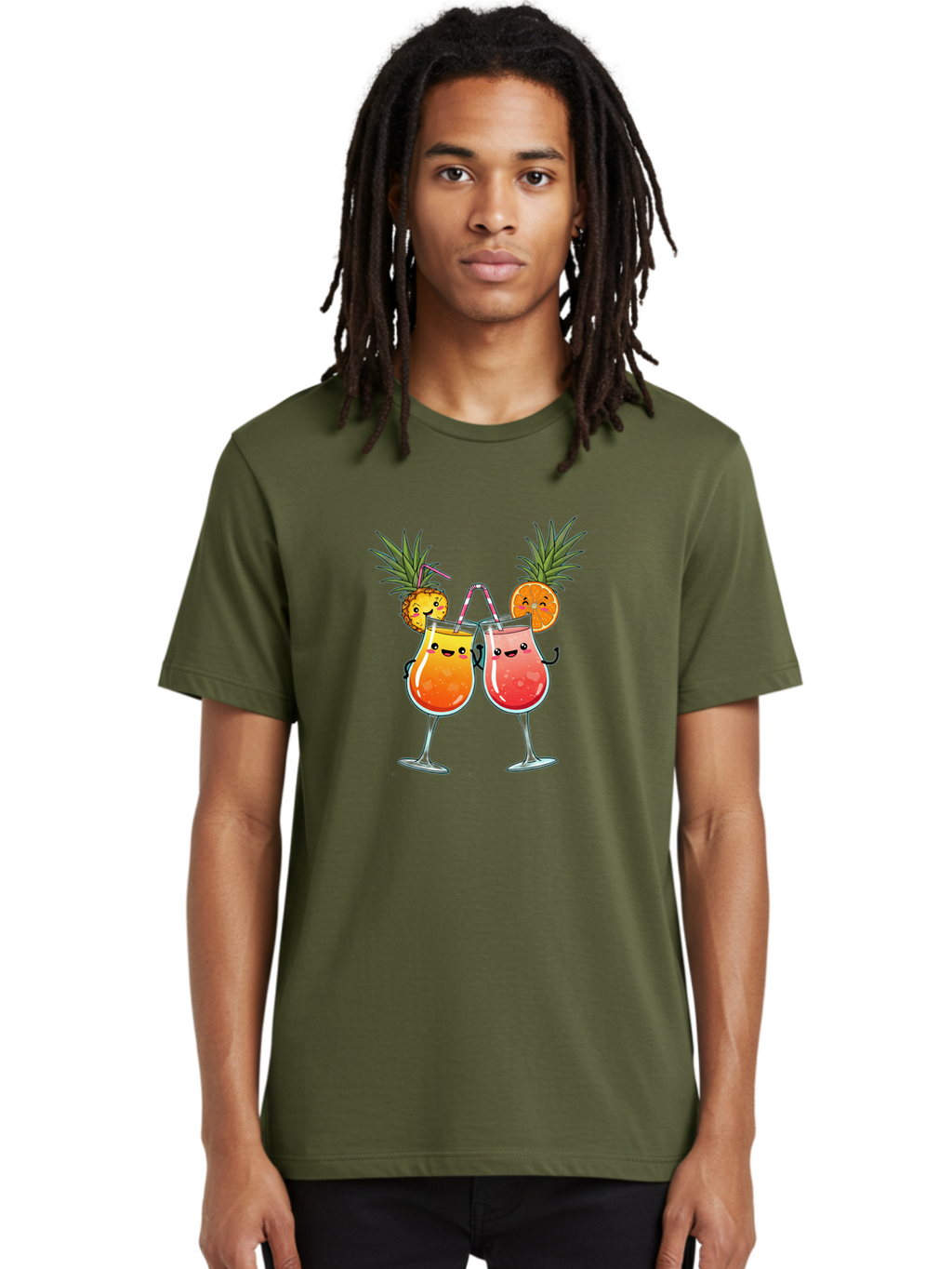 Cheers-Drinks Men'S Graphic Tee, 100% Cotton, Comfortable Casual Summer Wear, Machine Washable, Cartoon Cocktails, Fruity Drinks, Orange And Pink Colors, Pineapple Garnish, Smiling Glasses, Cheerful Toast, Fun Illustration, Tropical Vibe, Bac803