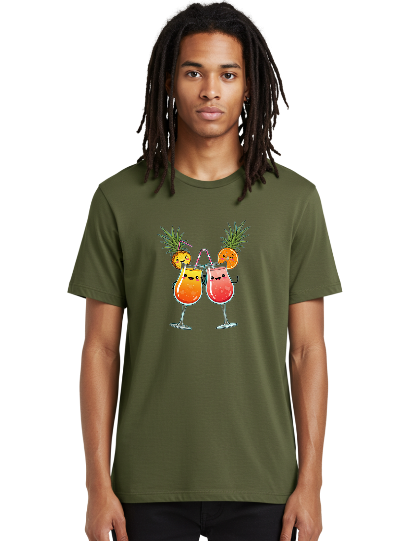 Cheers-Drinks Men'S Graphic Tee, 100% Cotton, Comfortable Casual Summer Wear, Machine Washable, Cartoon Cocktails, Fruity Drinks, Orange And Pink Colors, Pineapple Garnish, Smiling Glasses, Cheerful Toast, Fun Illustration, Tropical Vibe, Bac803