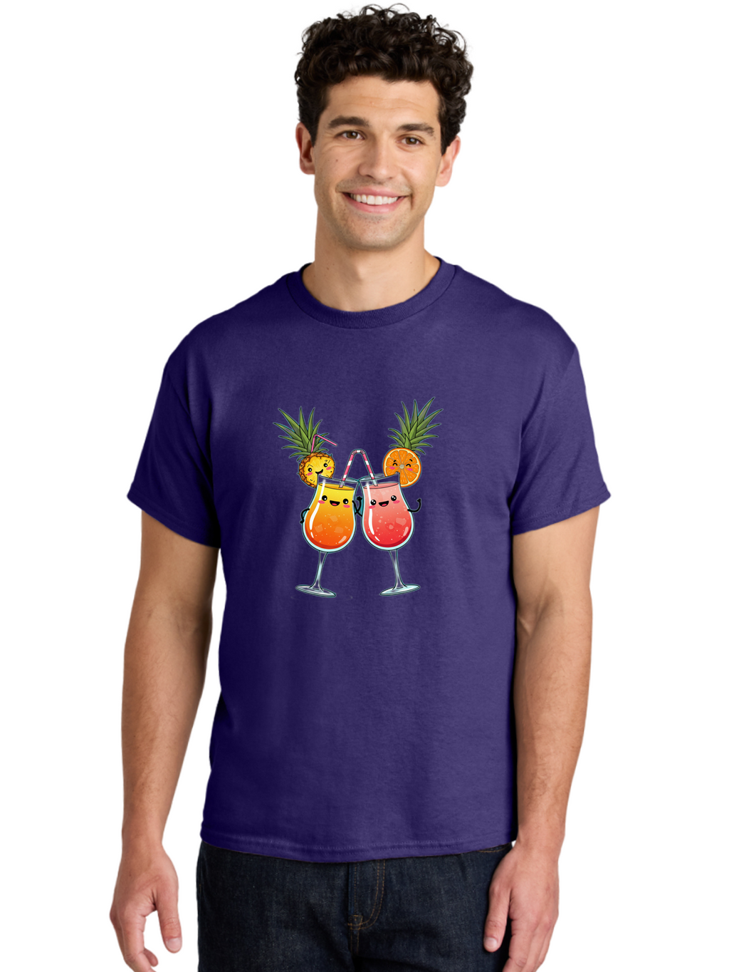Cheers-Drinks Men'S Graphic Tee, 100% Cotton, Comfortable Casual Summer Wear, Machine Washable, Cartoon Cocktails, Fruity Drinks, Orange And Pink Colors, Pineapple Garnish, Smiling Glasses, Cheerful Toast, Fun Illustration, Tropical Vibe, Bac803