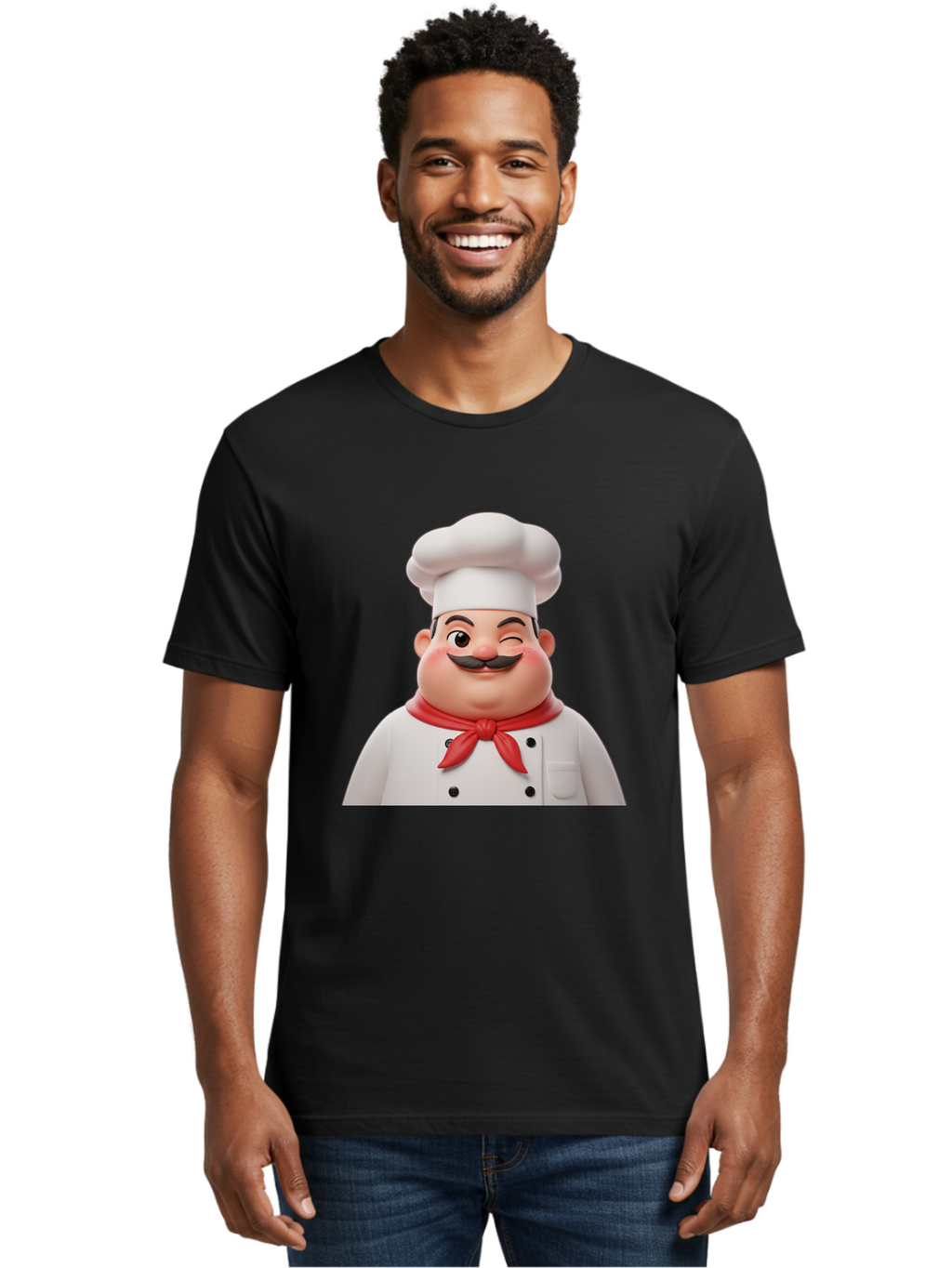 Chef-1 Men'S Graphic Tee, 100% Cotton, Comfortable Casual Summer Wear, Machine Washable, Cartoon Chef, White Hat, Red Neckerchief, Black Moustache, Smiling Face, Chef'S Uniform, Culinary Arts, Kitchen Staff, Friendly Demeanor Bac804