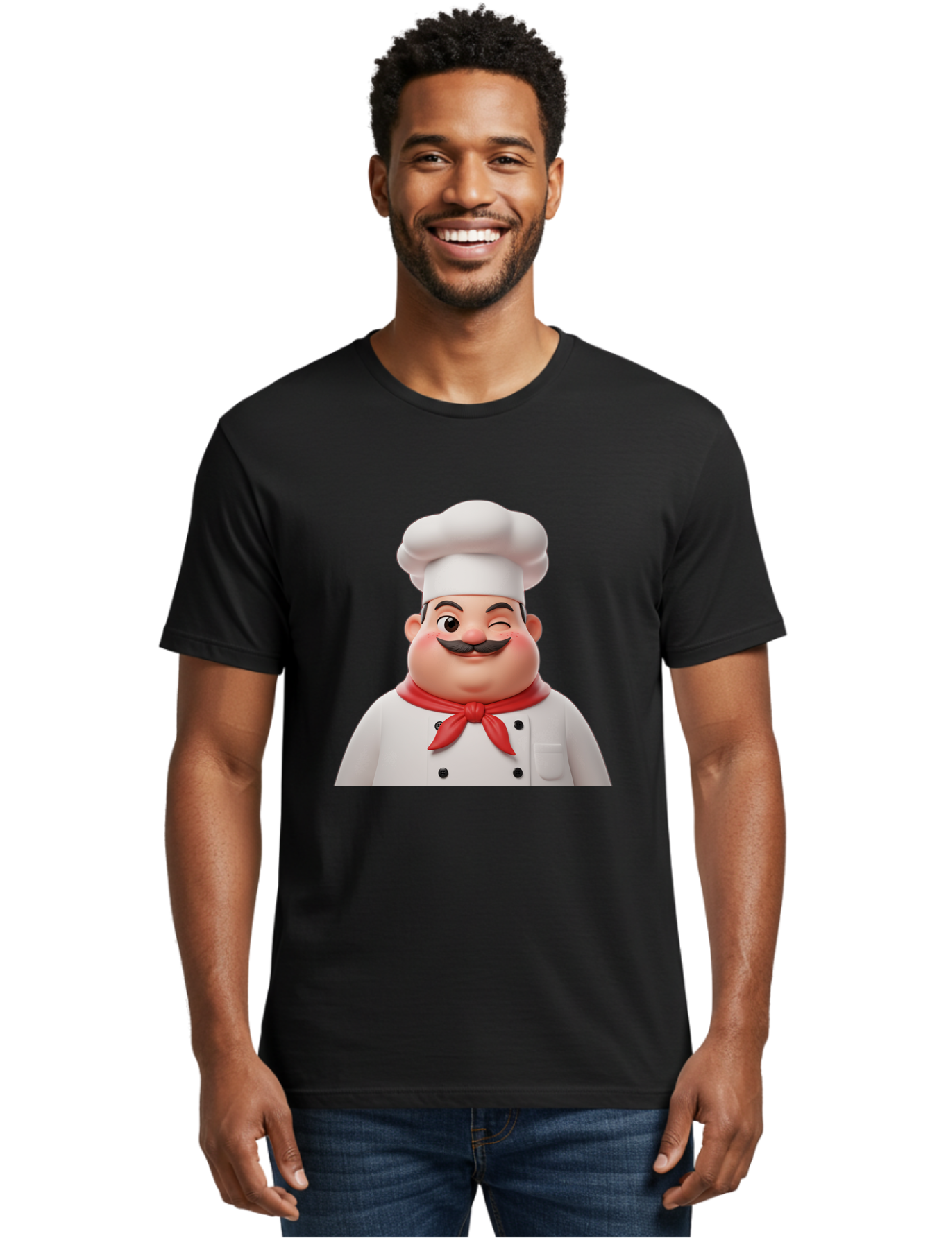Chef-1 Men'S Graphic Tee, 100% Cotton, Comfortable Casual Summer Wear, Machine Washable, Cartoon Chef, White Hat, Red Neckerchief, Black Moustache, Smiling Face, Chef'S Uniform, Culinary Arts, Kitchen Staff, Friendly Demeanor Bac804