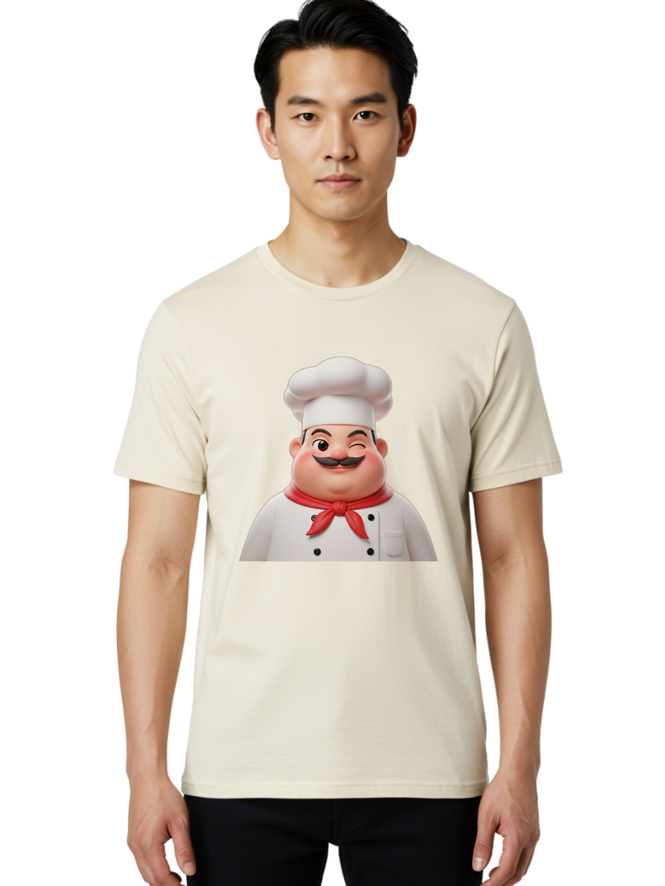 Chef-1 Men'S Graphic Tee, 100% Cotton, Comfortable Casual Summer Wear, Machine Washable, Cartoon Chef, White Hat, Red Neckerchief, Black Moustache, Smiling Face, Chef'S Uniform, Culinary Arts, Kitchen Staff, Friendly Demeanor Bac804
