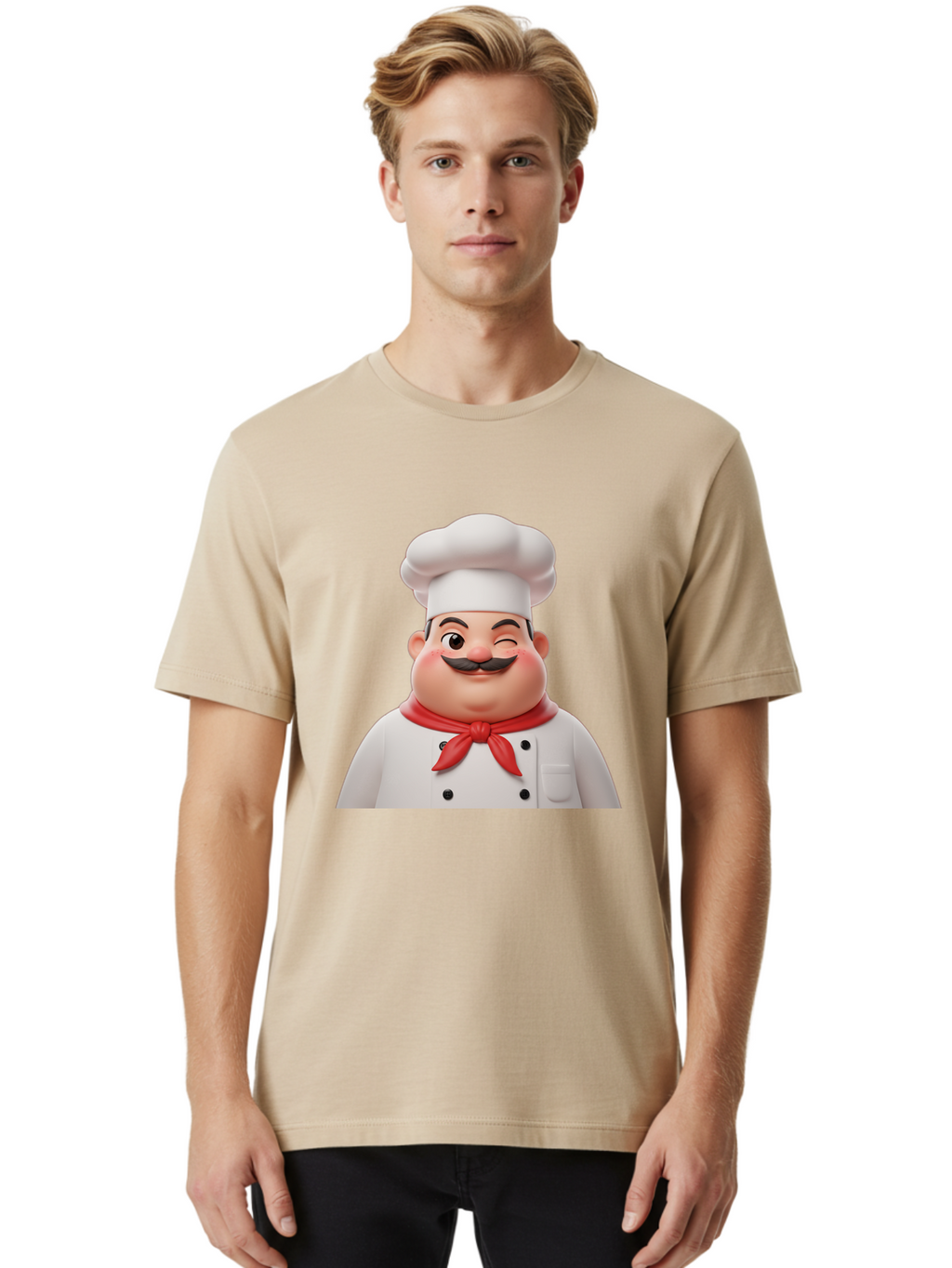 Chef-1 Men'S Graphic Tee, 100% Cotton, Comfortable Casual Summer Wear, Machine Washable, Cartoon Chef, White Hat, Red Neckerchief, Black Moustache, Smiling Face, Chef'S Uniform, Culinary Arts, Kitchen Staff, Friendly Demeanor Bac804