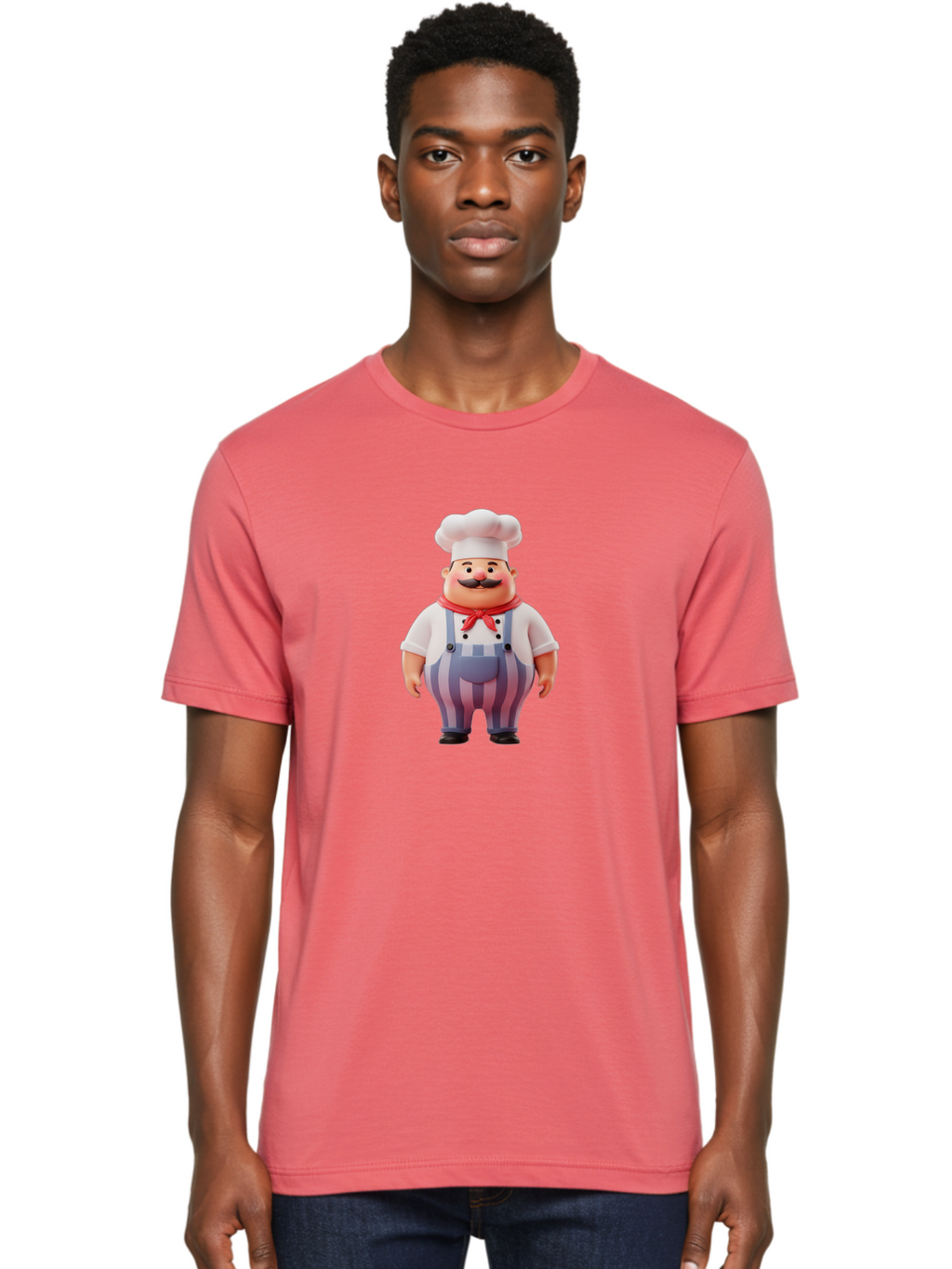 Chef-2 Men'S Graphic Tee, 100% Cotton, Comfortable Casual Summer Wear, Machine Washable, Cartoon Chef, 3D Character, Chef'S Hat, Red Bandana, Striped Overalls, Mustache, Cooking Personality, Culinary Art, Foodie Character, Cartoon Mascot, Bac805