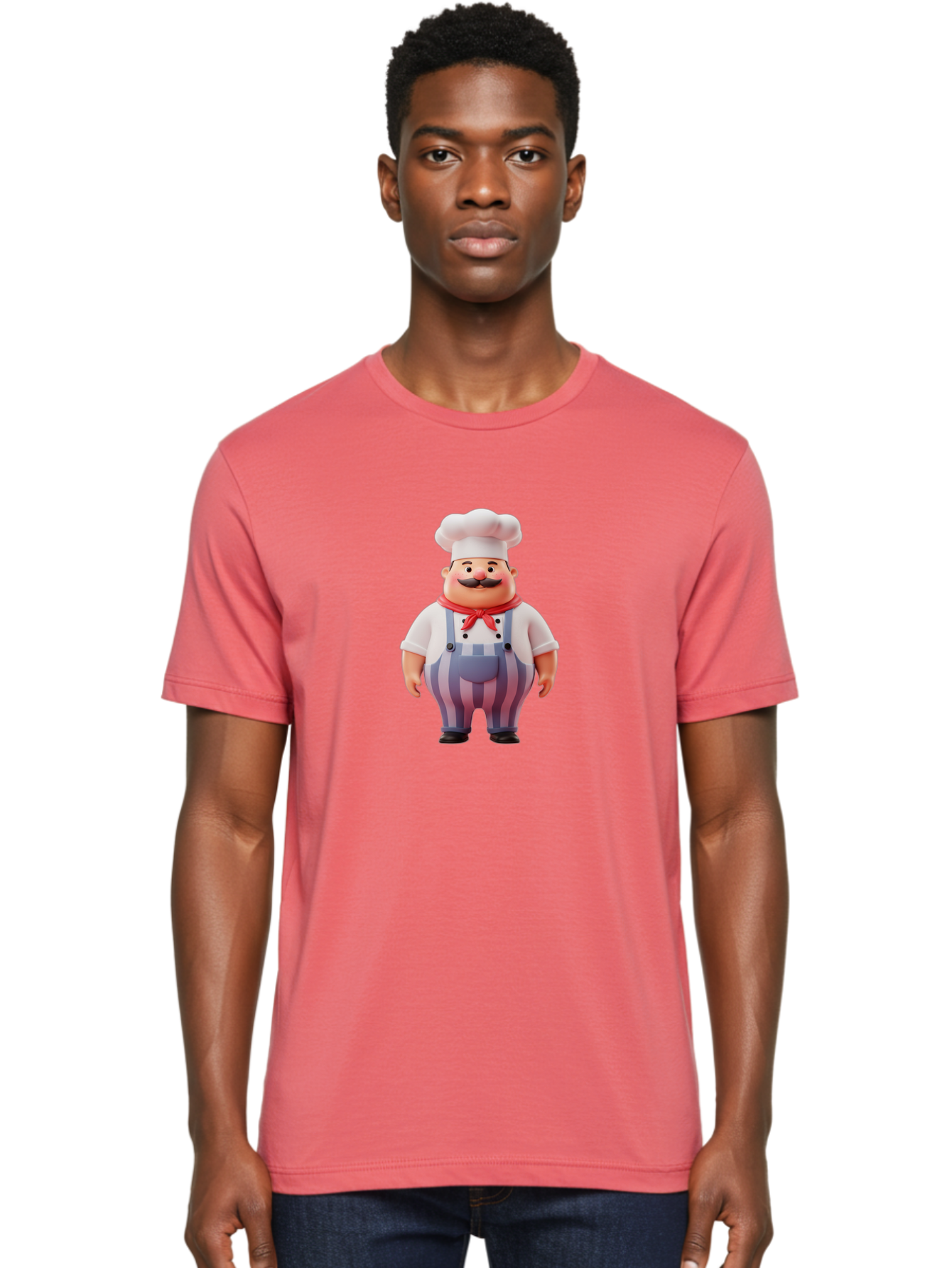 Chef-2 Men'S Graphic Tee, 100% Cotton, Comfortable Casual Summer Wear, Machine Washable, Cartoon Chef, 3D Character, Chef'S Hat, Red Bandana, Striped Overalls, Mustache, Cooking Personality, Culinary Art, Foodie Character, Cartoon Mascot, Bac805