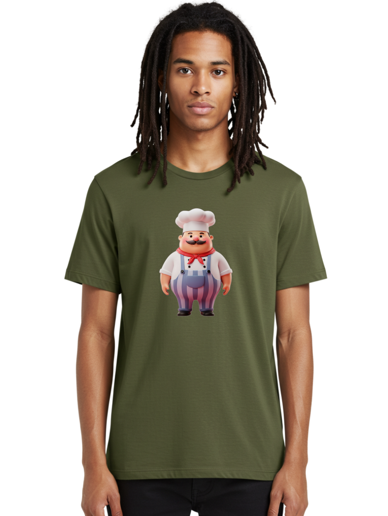 Chef-2 Men'S Graphic Tee, 100% Cotton, Comfortable Casual Summer Wear, Machine Washable, Cartoon Chef, 3D Character, Chef'S Hat, Red Bandana, Striped Overalls, Mustache, Cooking Personality, Culinary Art, Foodie Character, Cartoon Mascot, Bac805