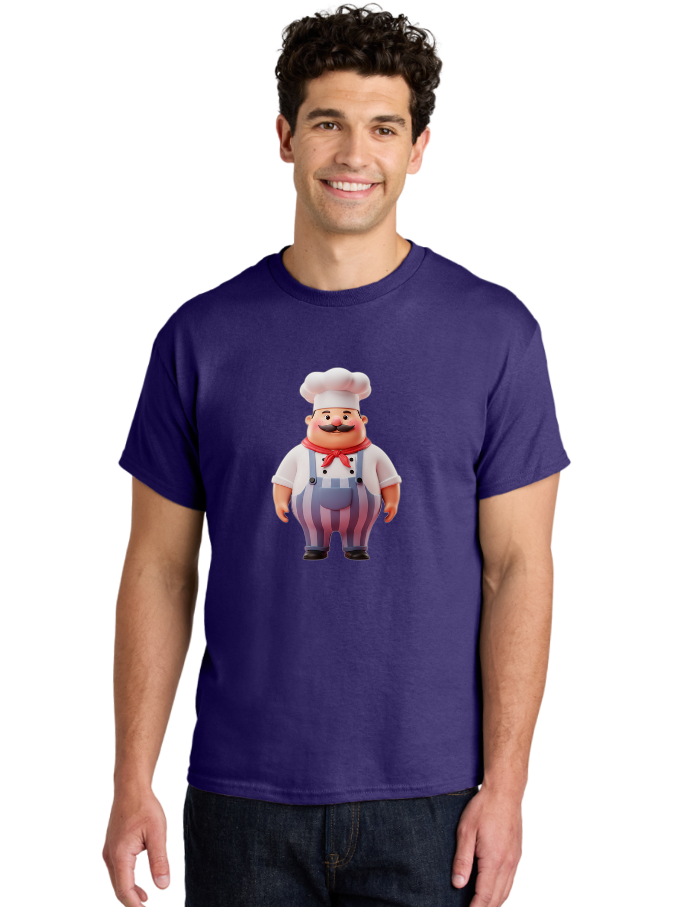 Chef-2 Men'S Graphic Tee, 100% Cotton, Comfortable Casual Summer Wear, Machine Washable, Cartoon Chef, 3D Character, Chef'S Hat, Red Bandana, Striped Overalls, Mustache, Cooking Personality, Culinary Art, Foodie Character, Cartoon Mascot, Bac805