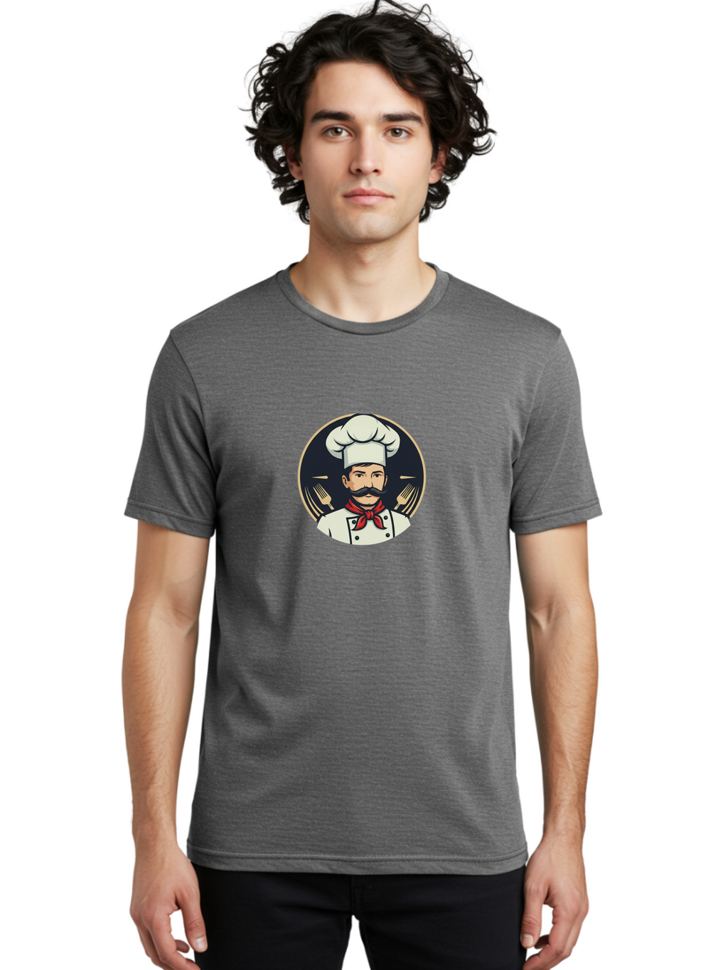 Chef-5 Men'S Graphic Tee, 100% Cotton, Comfortable Casual Summer Wear, Machine Washable, Cartoon Chef, Cooking Expert, Culinary Master, Red Neckerchief, White Hat, Black Mustache, Restaurant Icon, Chef'S Coat, Fine Dining, Utensils, Fork, Bac808